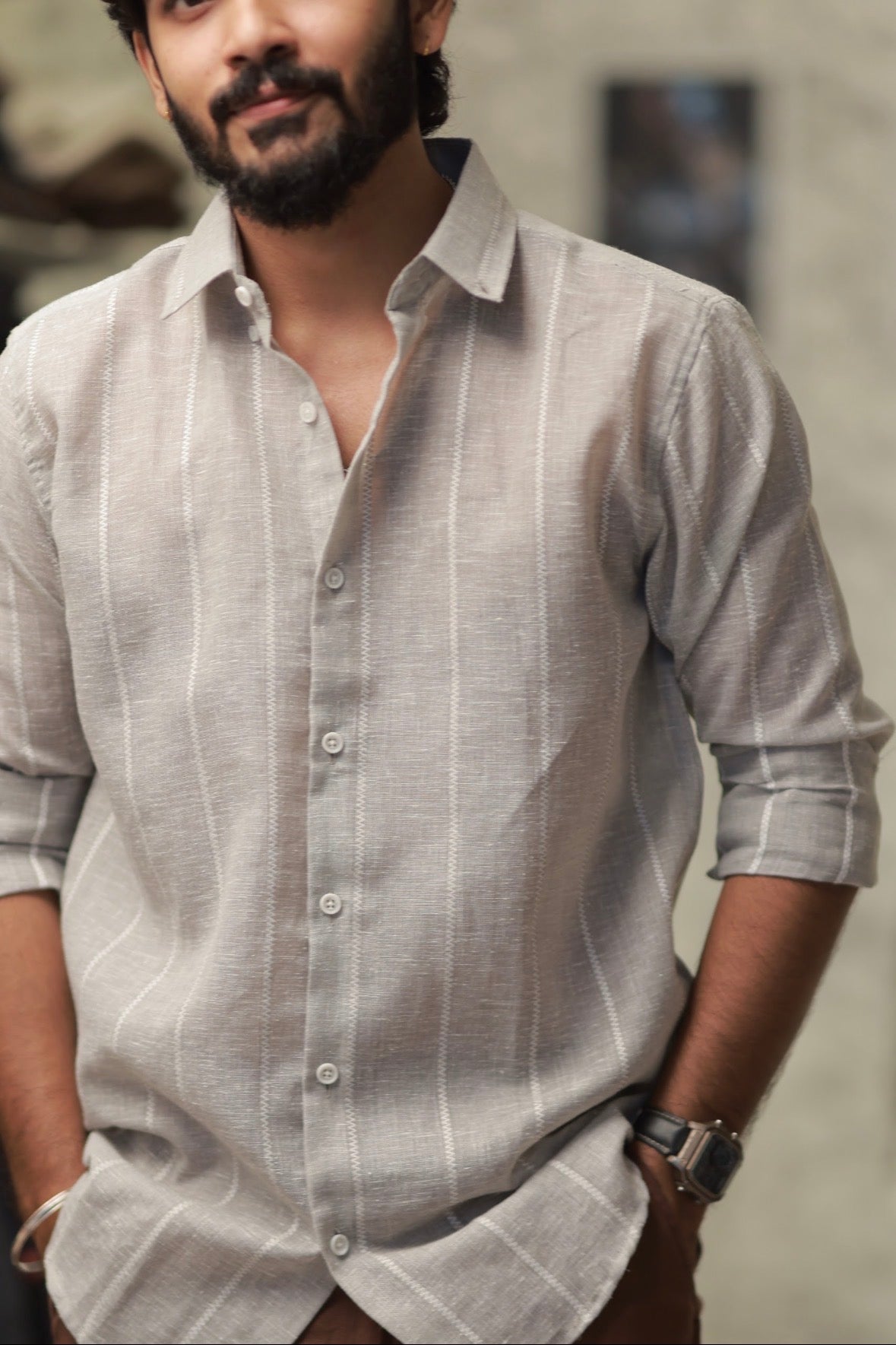 Brown Linen Striped Full-Hand Shirt