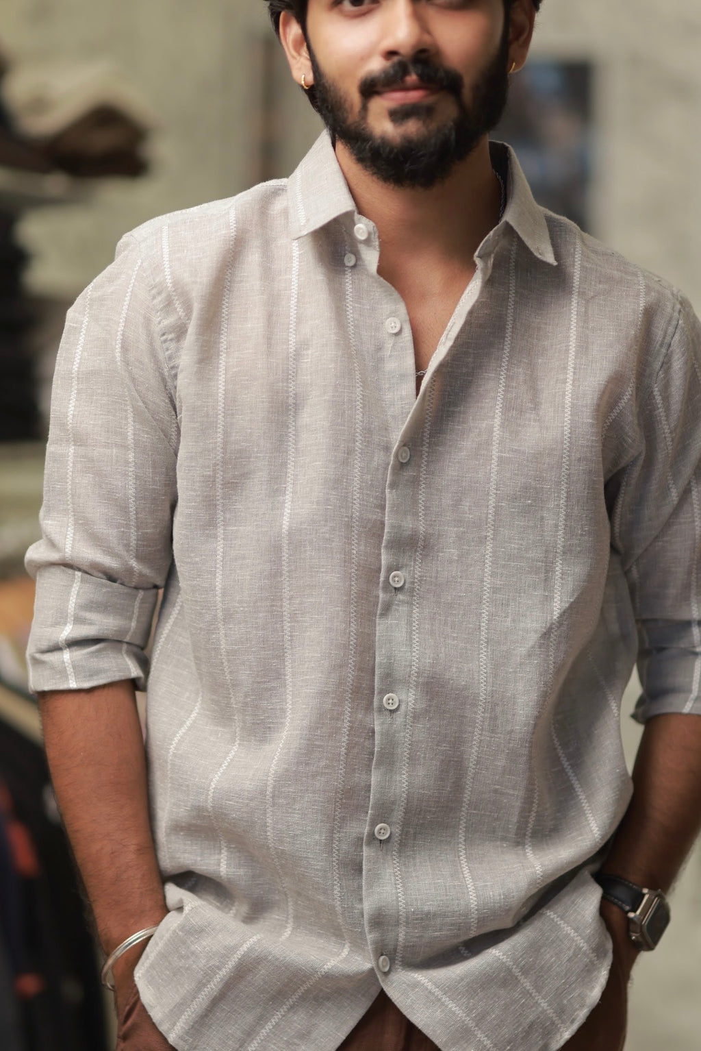 Brown Linen Striped Full-Hand Shirt