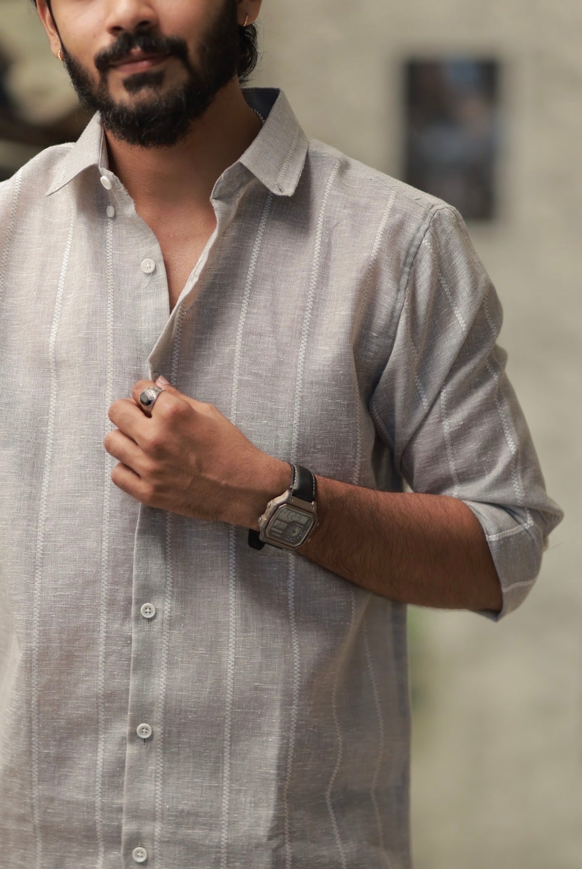 Brown Linen Striped Full-Hand Shirt
