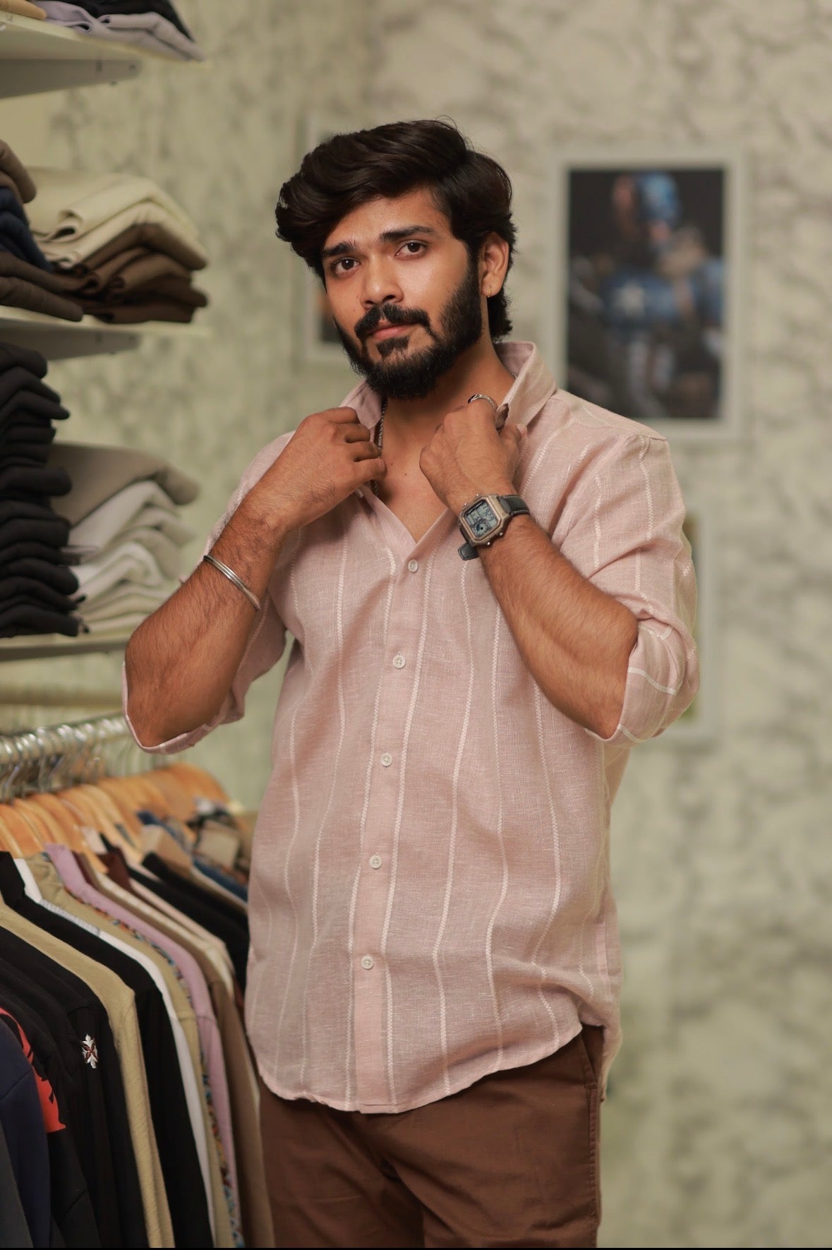 Pink Linen Striped Full-Hand Shirt