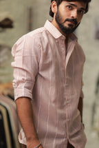 Pink Linen Striped Full-Hand Shirt