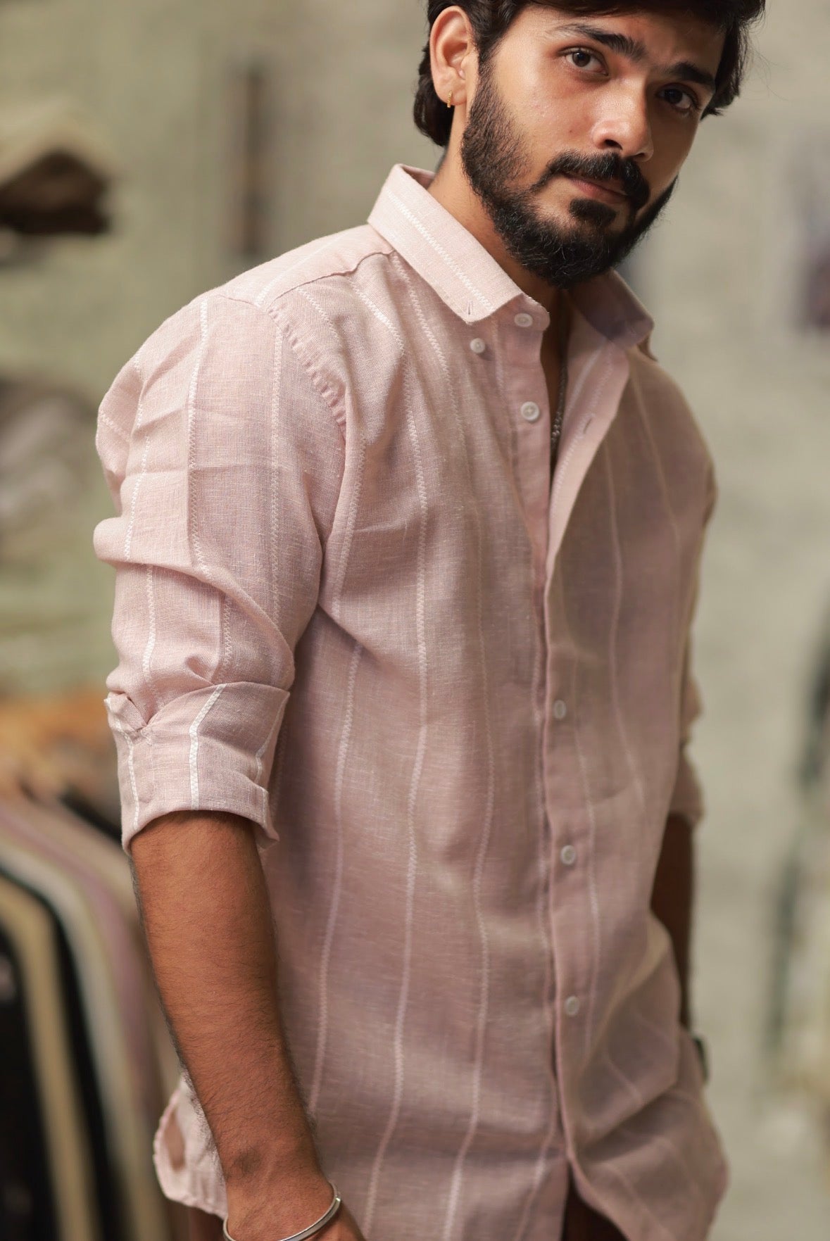 Pink Linen Striped Full-Hand Shirt