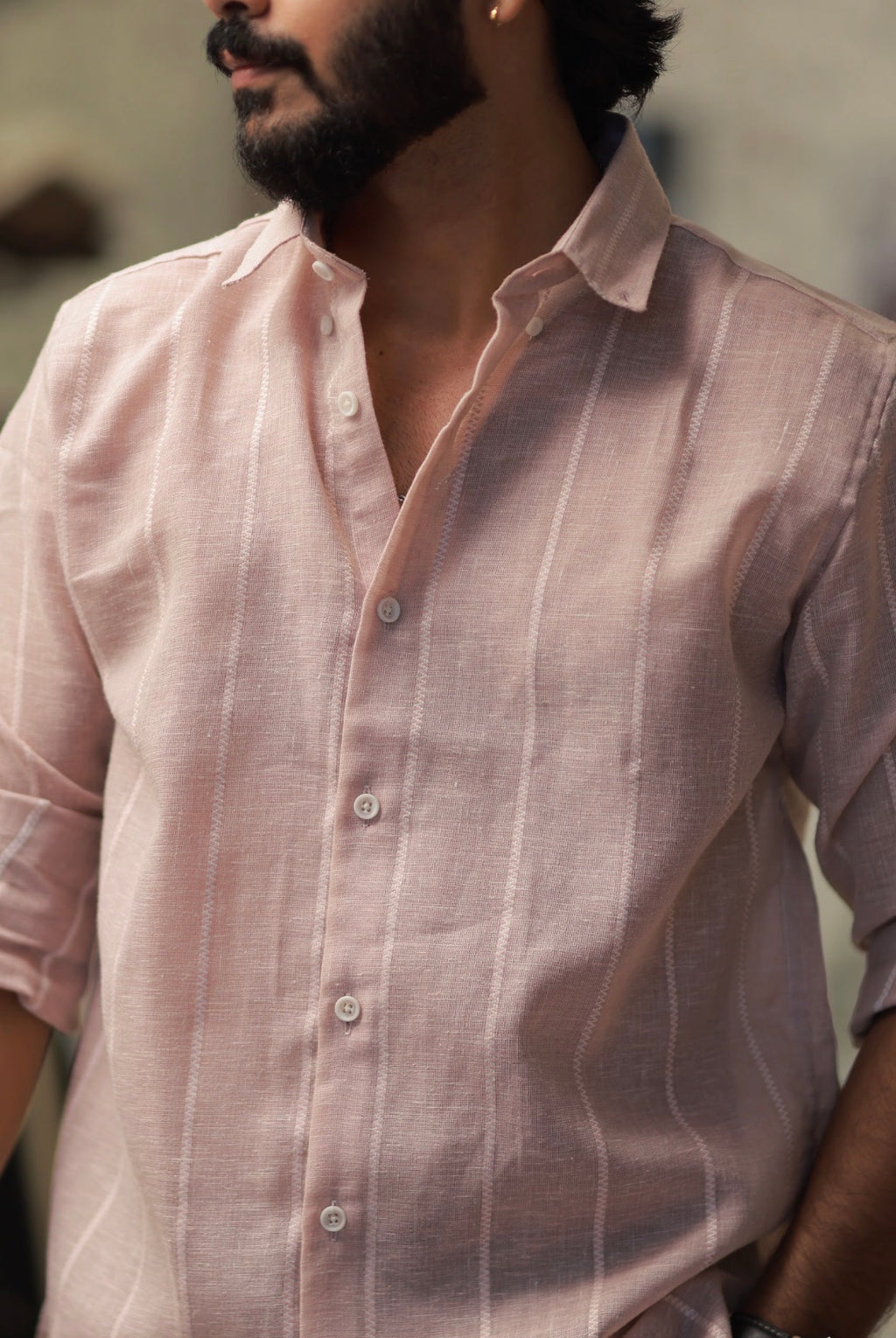 Pink Linen Striped Full-Hand Shirt