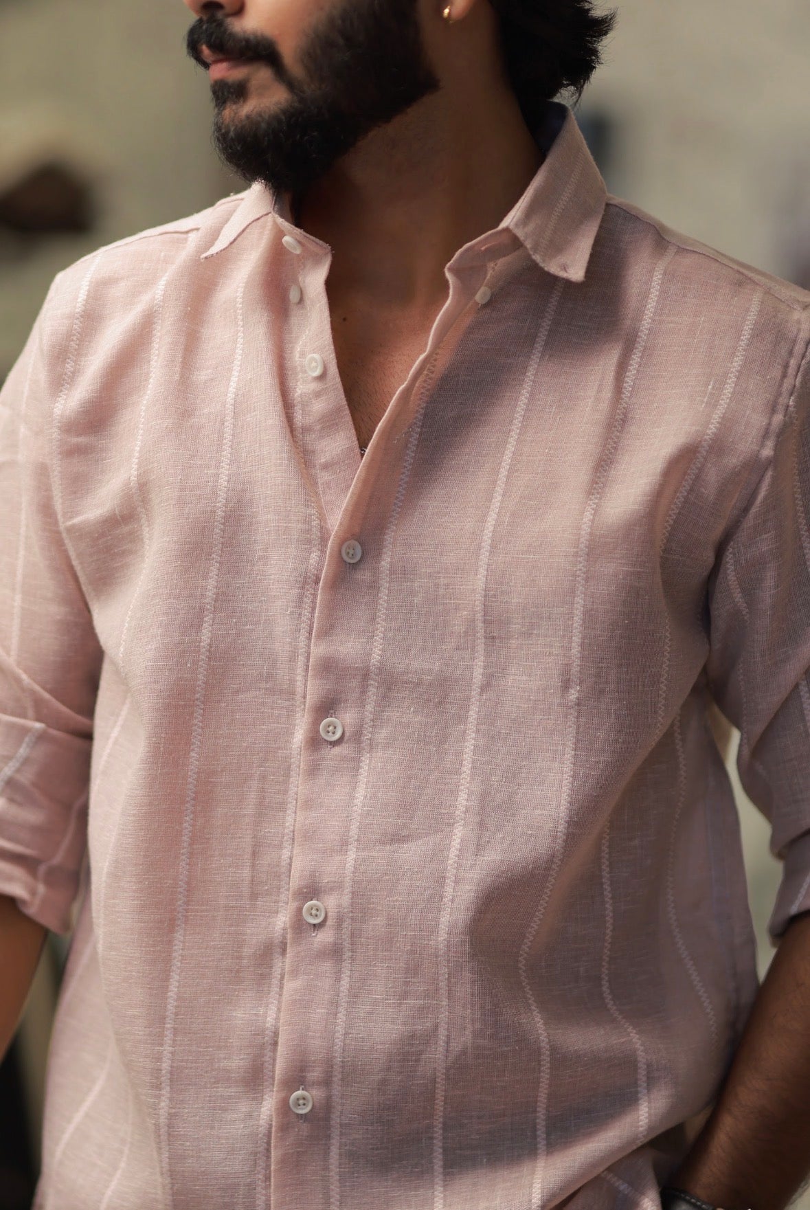 Pink Linen Striped Full-Hand Shirt