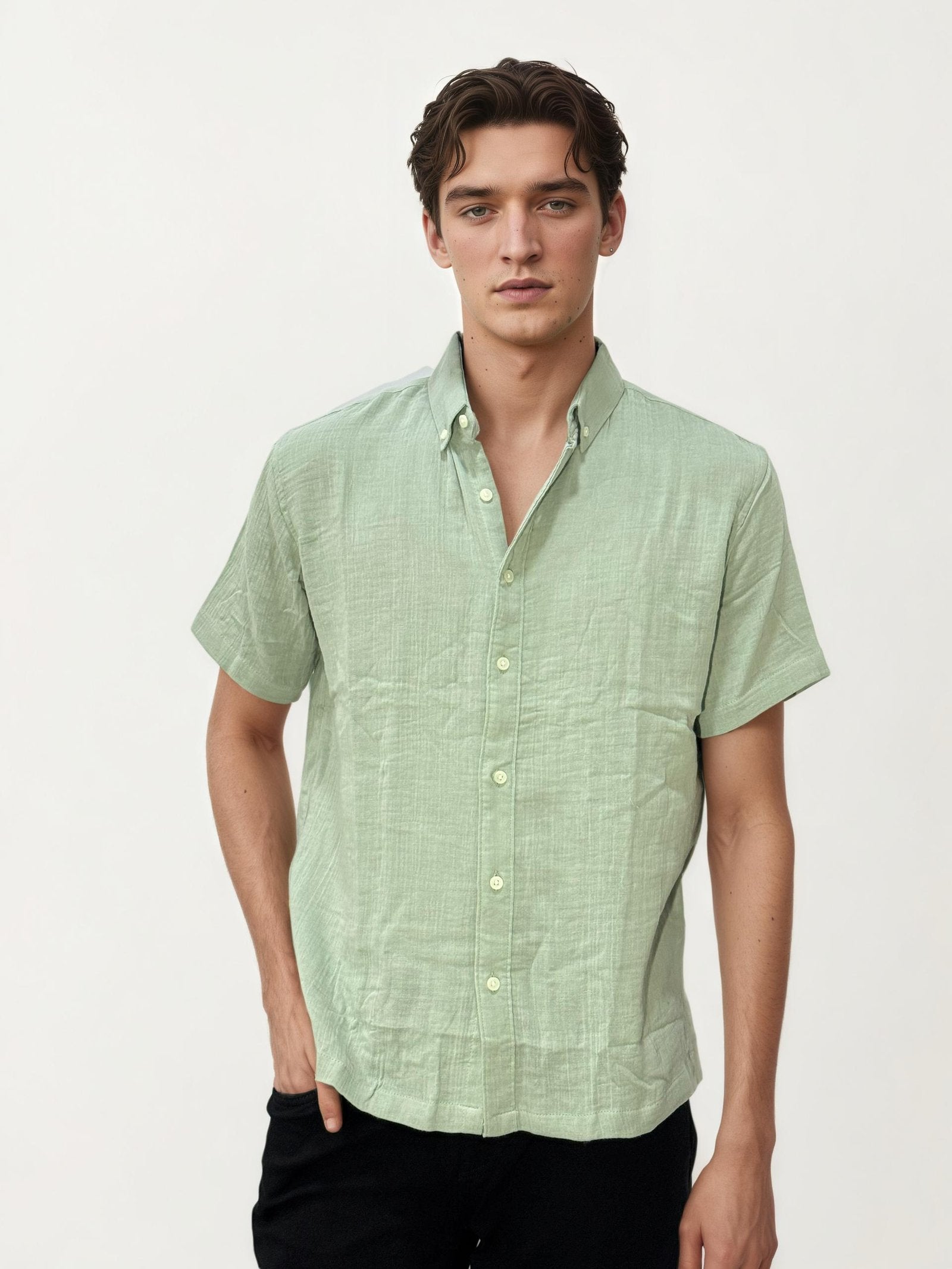 Pale Green Linen+Cotton Halfhand Shirt