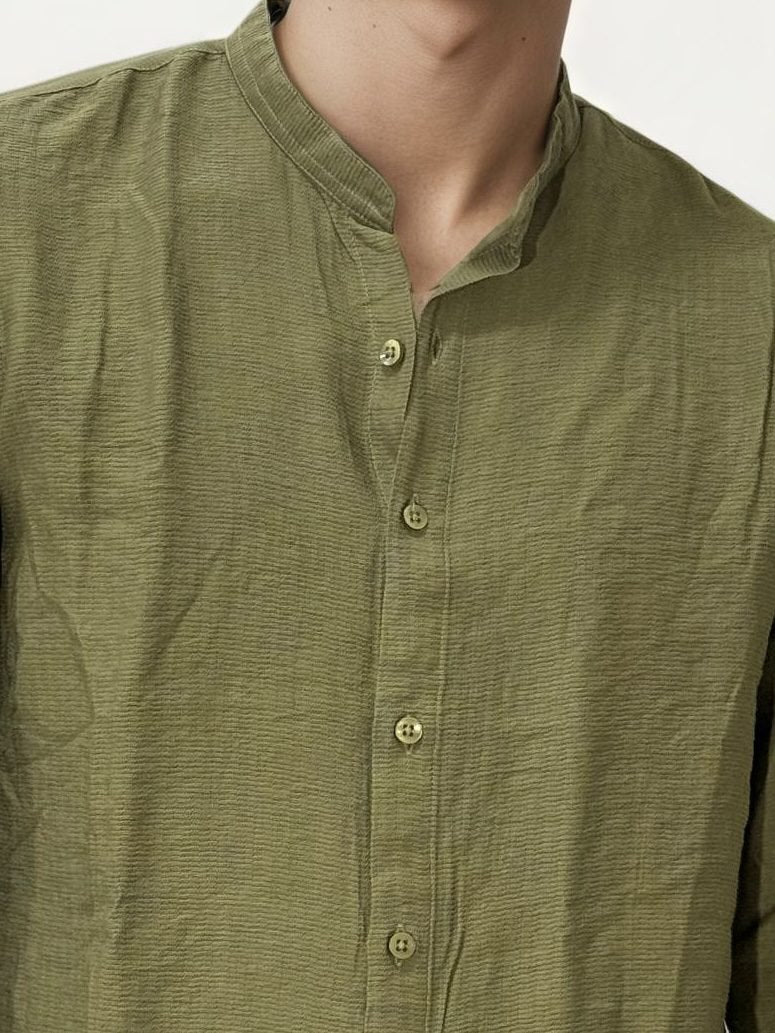 Olive Green Mandarin Collar Fullhand Shirt