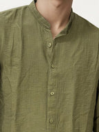Olive Green Mandarin Collar Fullhand Shirt