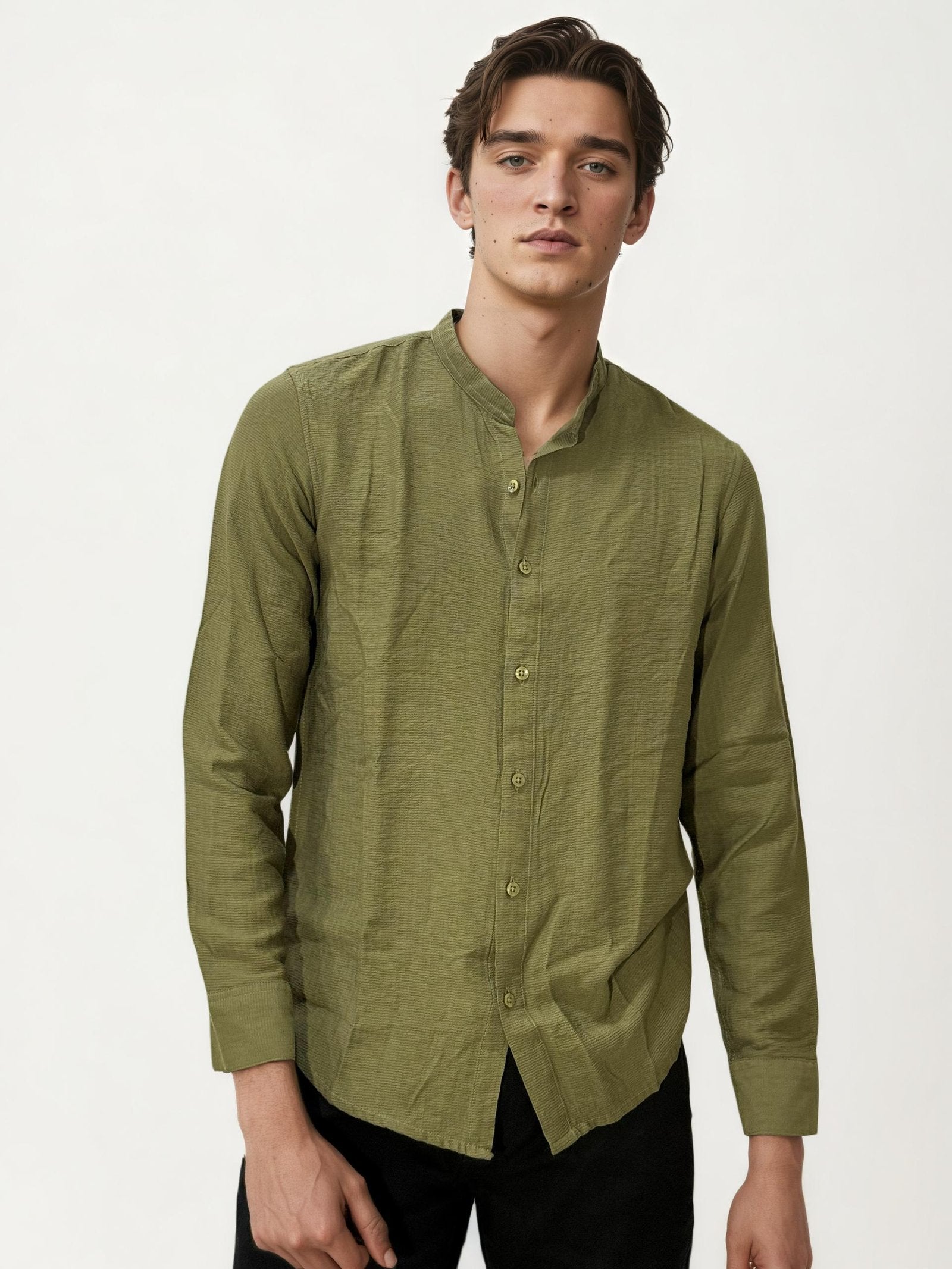 Olive Green Mandarin Collar Fullhand Shirt