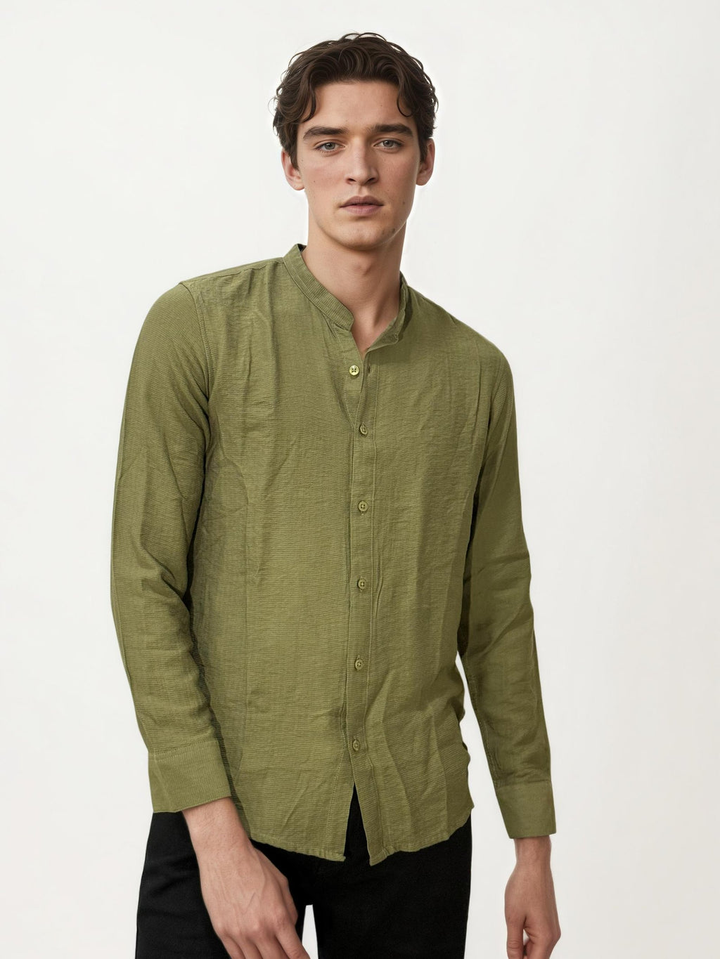 Olive Green Mandarin Collar Fullhand Shirt