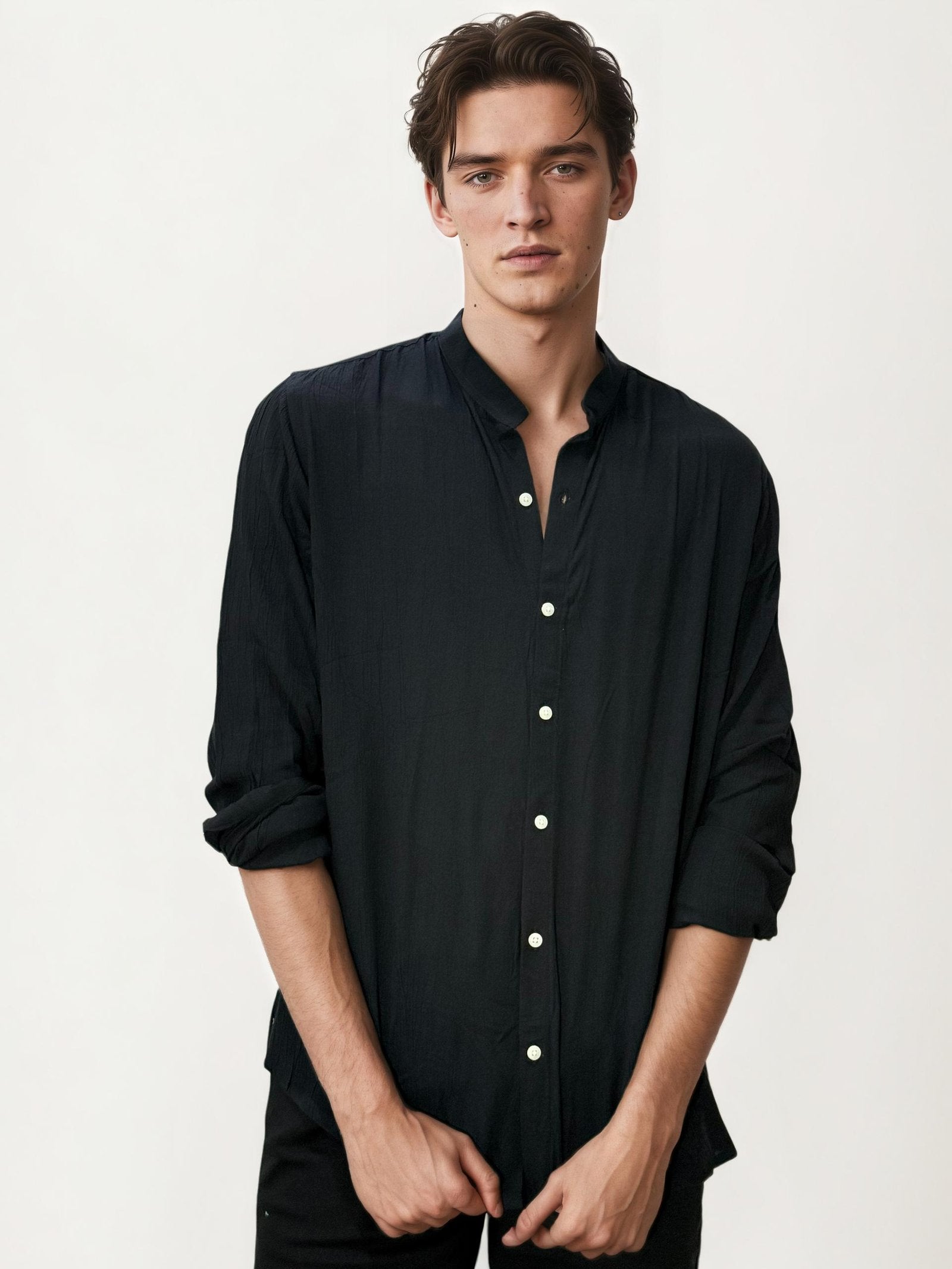 Black Mandarin Collar Fullhand Shirt