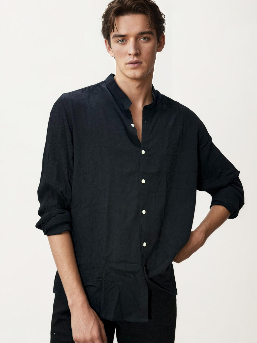 Black Mandarin Collar Fullhand Shirt
