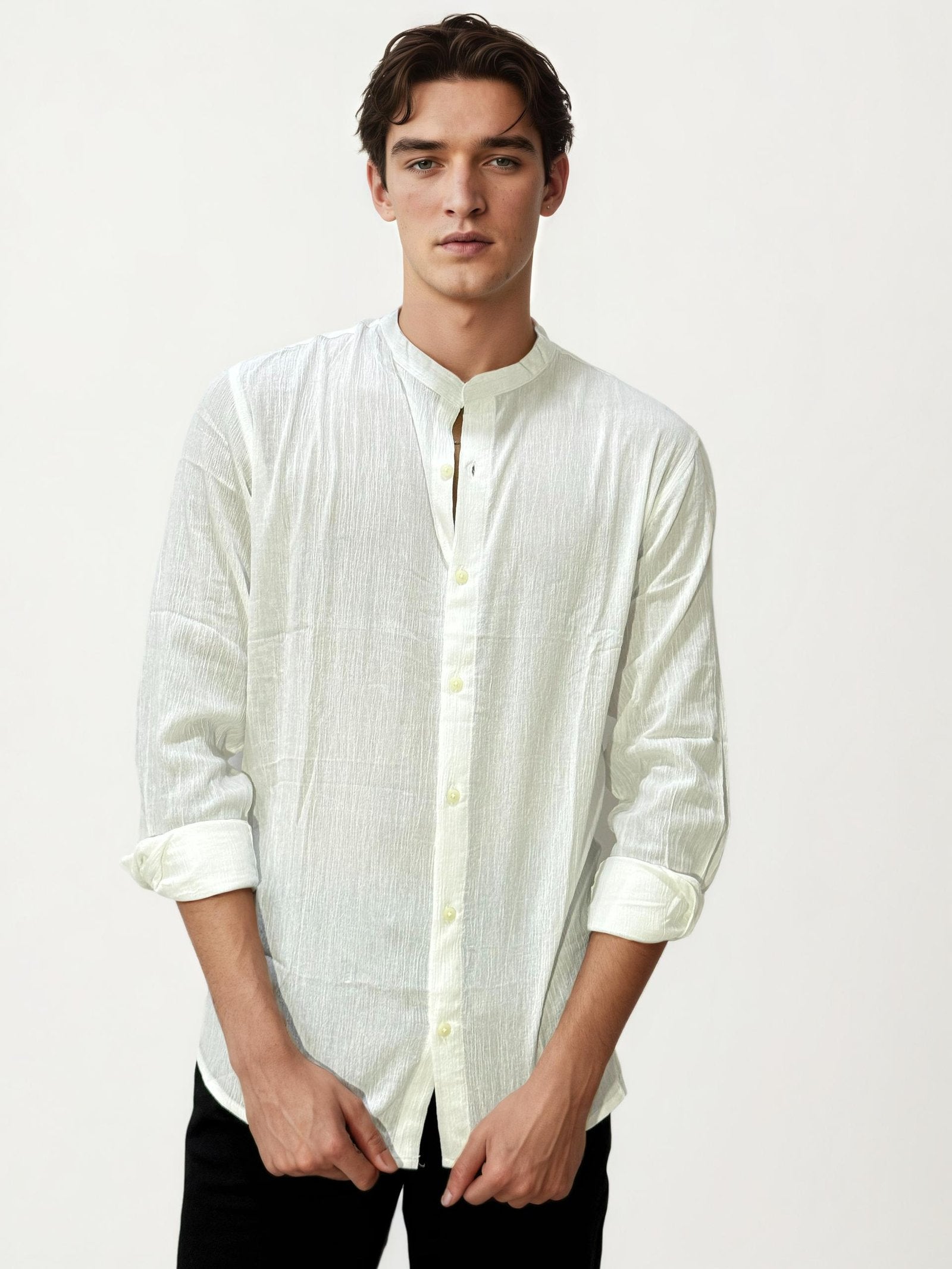 White Mandarin Collar Fullhand Shirt