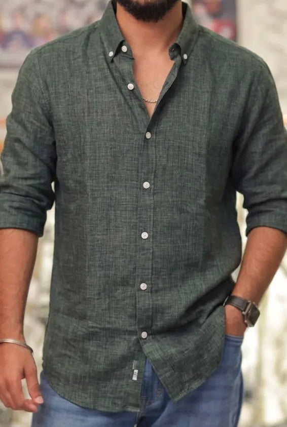 Dark-Green Linen Full-Hand Shirt