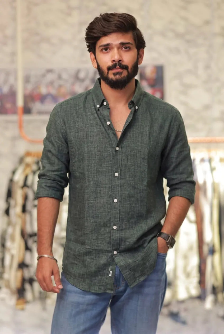 Dark-Green Linen Full-Hand Shirt