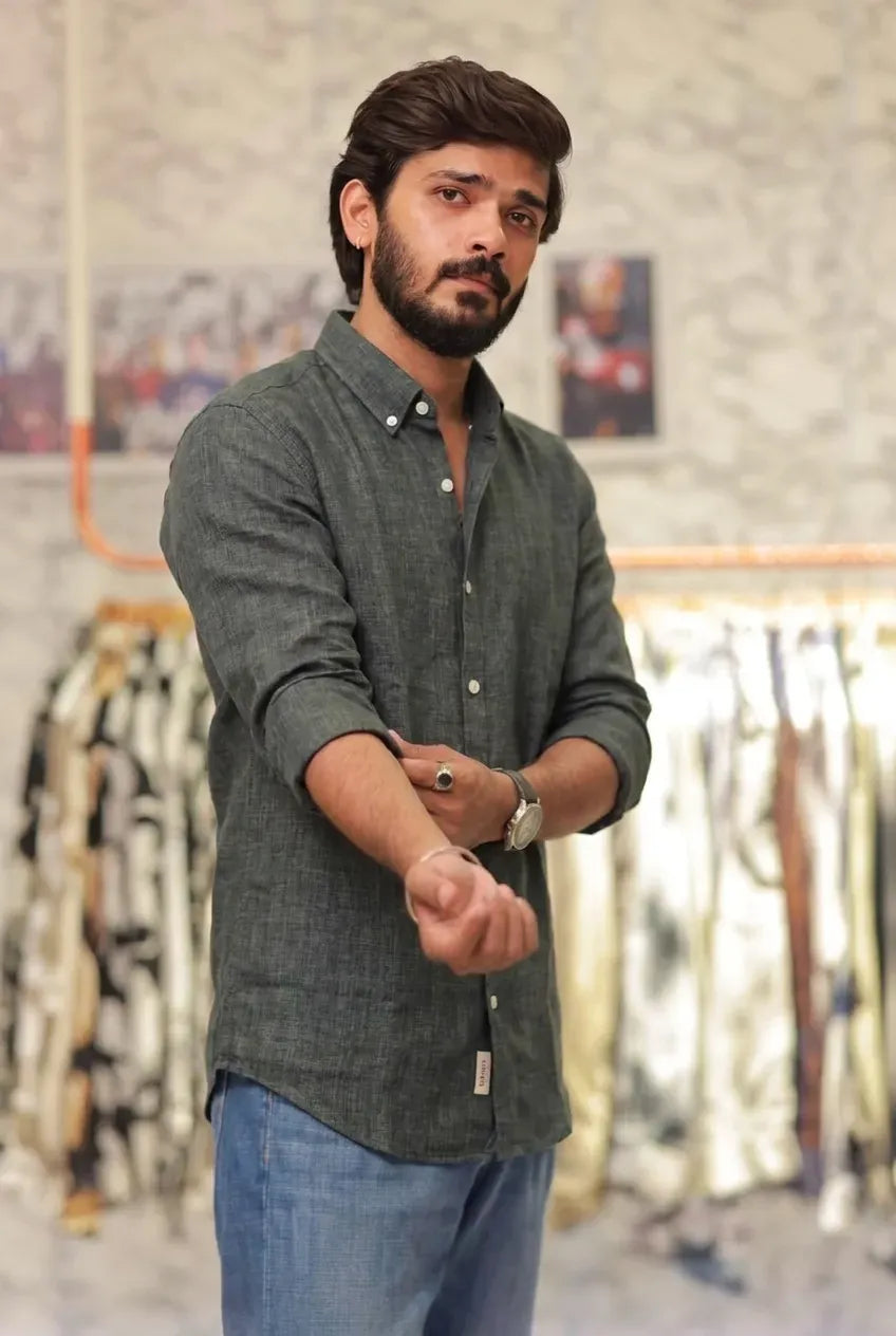 Dark-Green Linen Full-Hand Shirt
