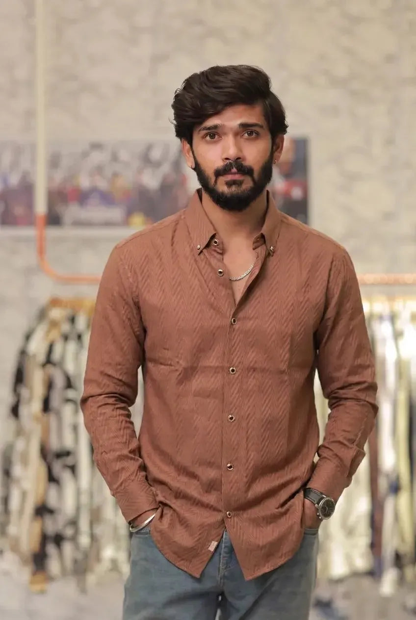 Brown Self-Designed Full-Hand Shirt