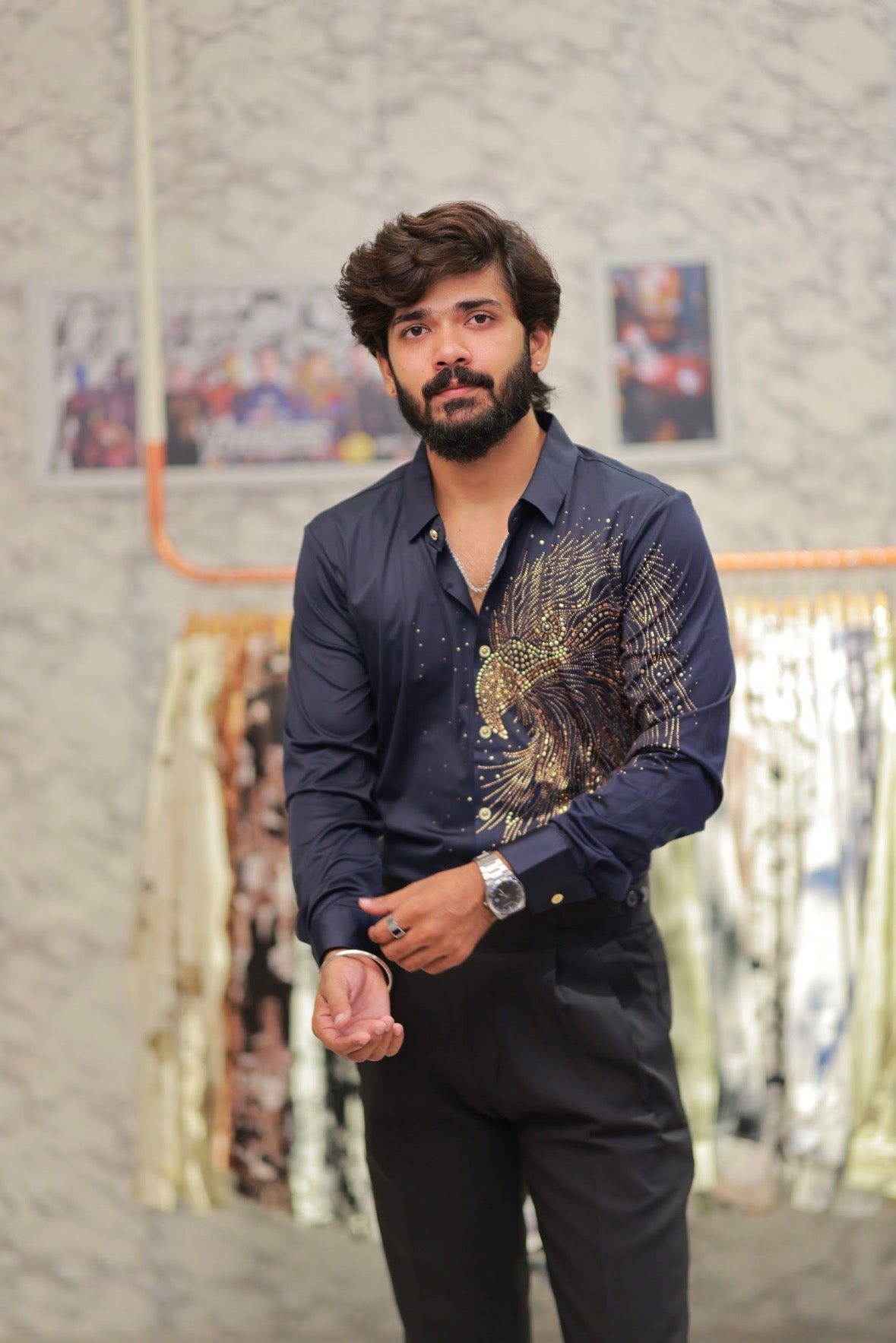 Navy-Blue Eagle Stone-Work Shirt
