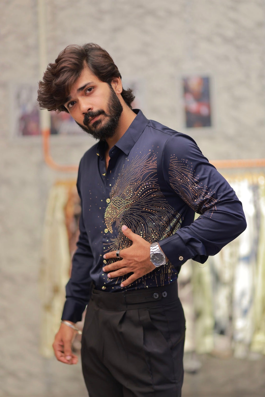 Navy-Blue Eagle Stone-Work Shirt
