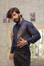 Navy-Blue Eagle Stone-Work Shirt