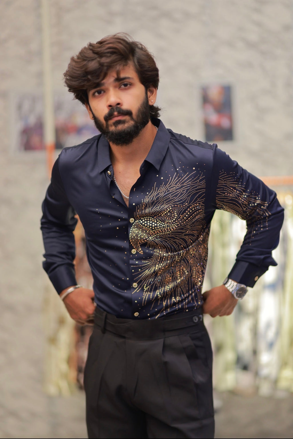 Navy-Blue Eagle Stone-Work Shirt
