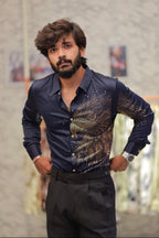 Navy-Blue Eagle Stone-Work Shirt