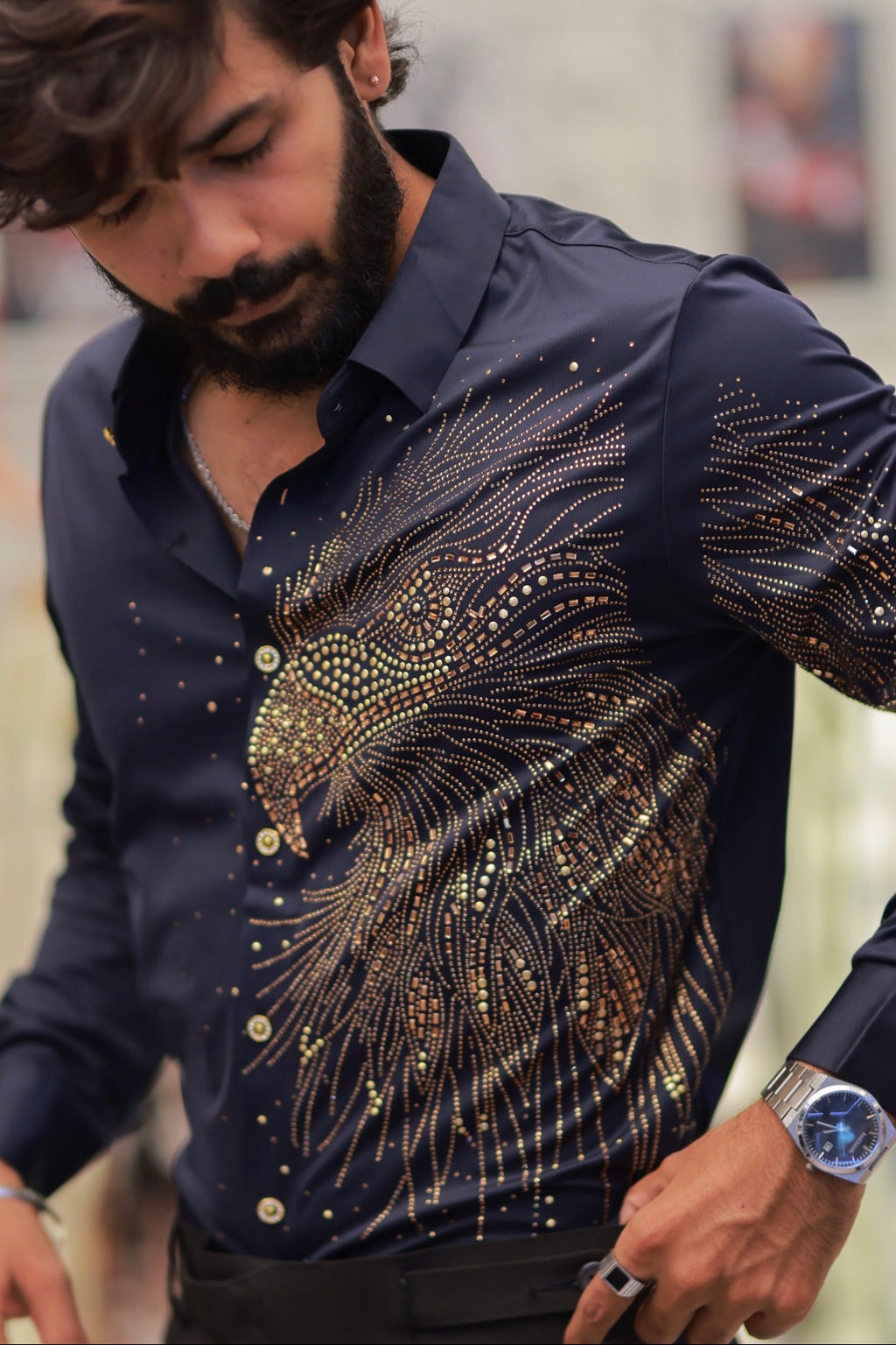 Navy-Blue Eagle Stone-Work Shirt