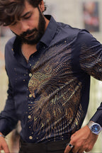 Navy-Blue Eagle Stone-Work Shirt