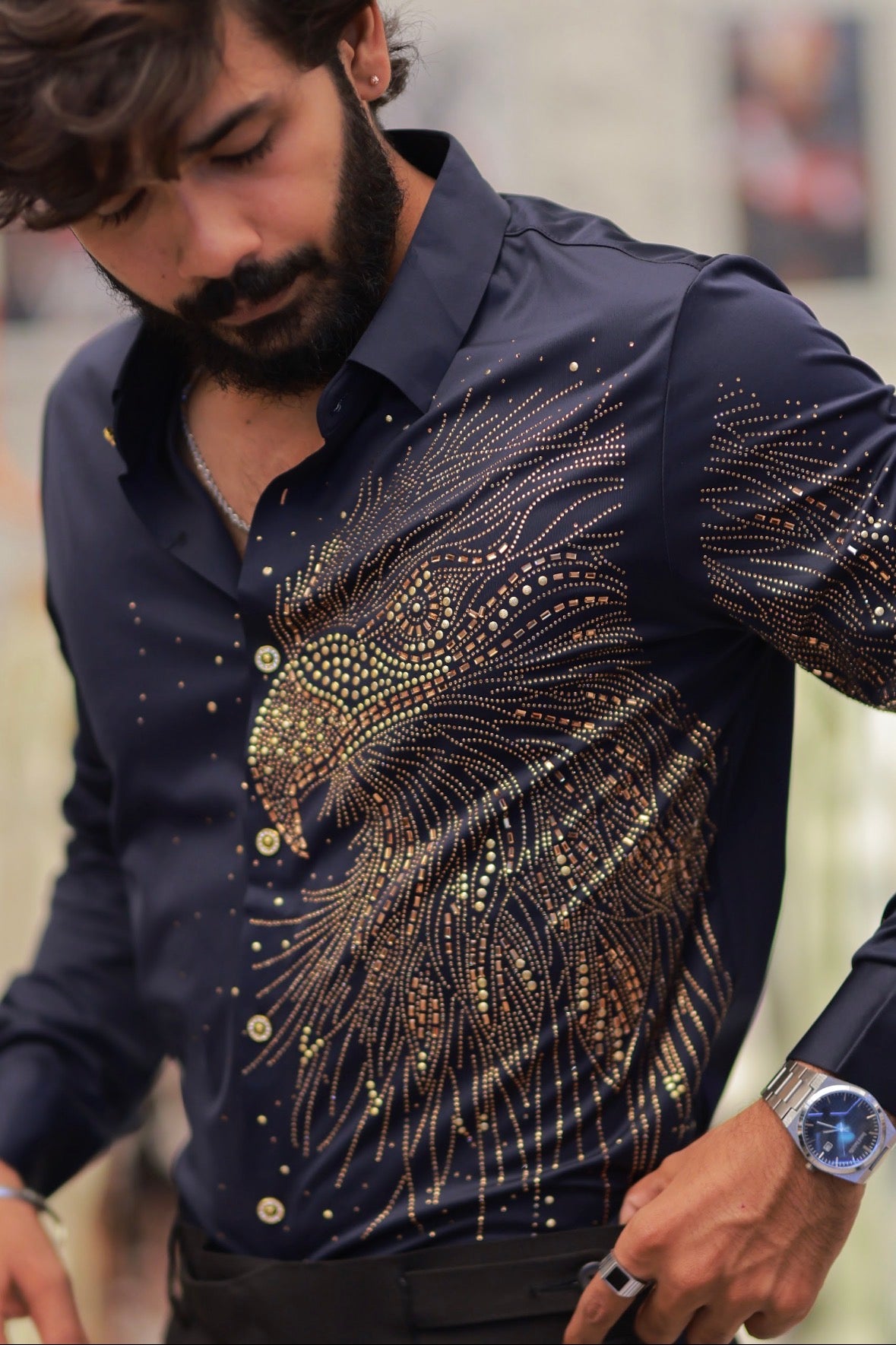 Navy-Blue Eagle Stone-Work Shirt