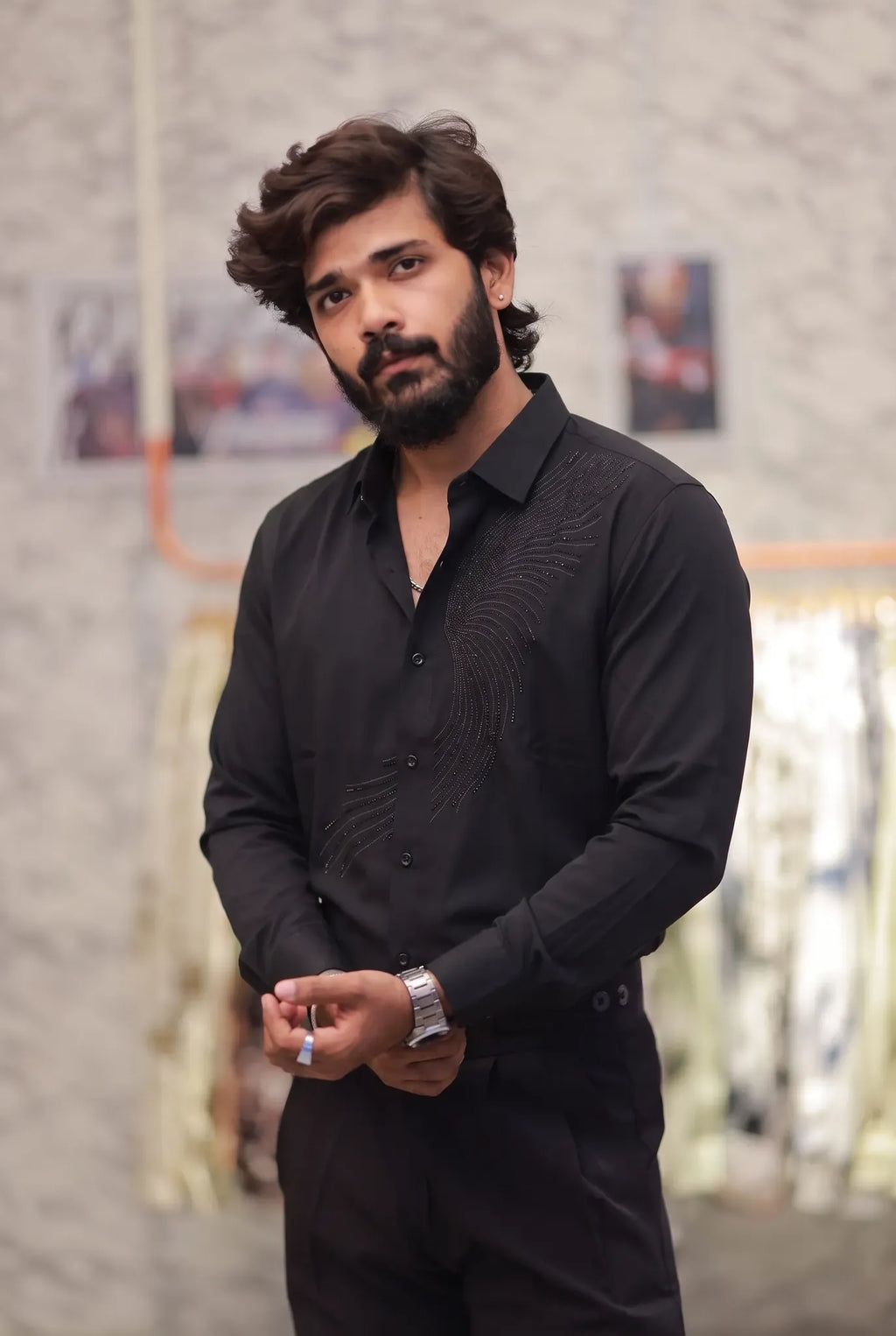 Black Stone-Work Party-Wear Shirt