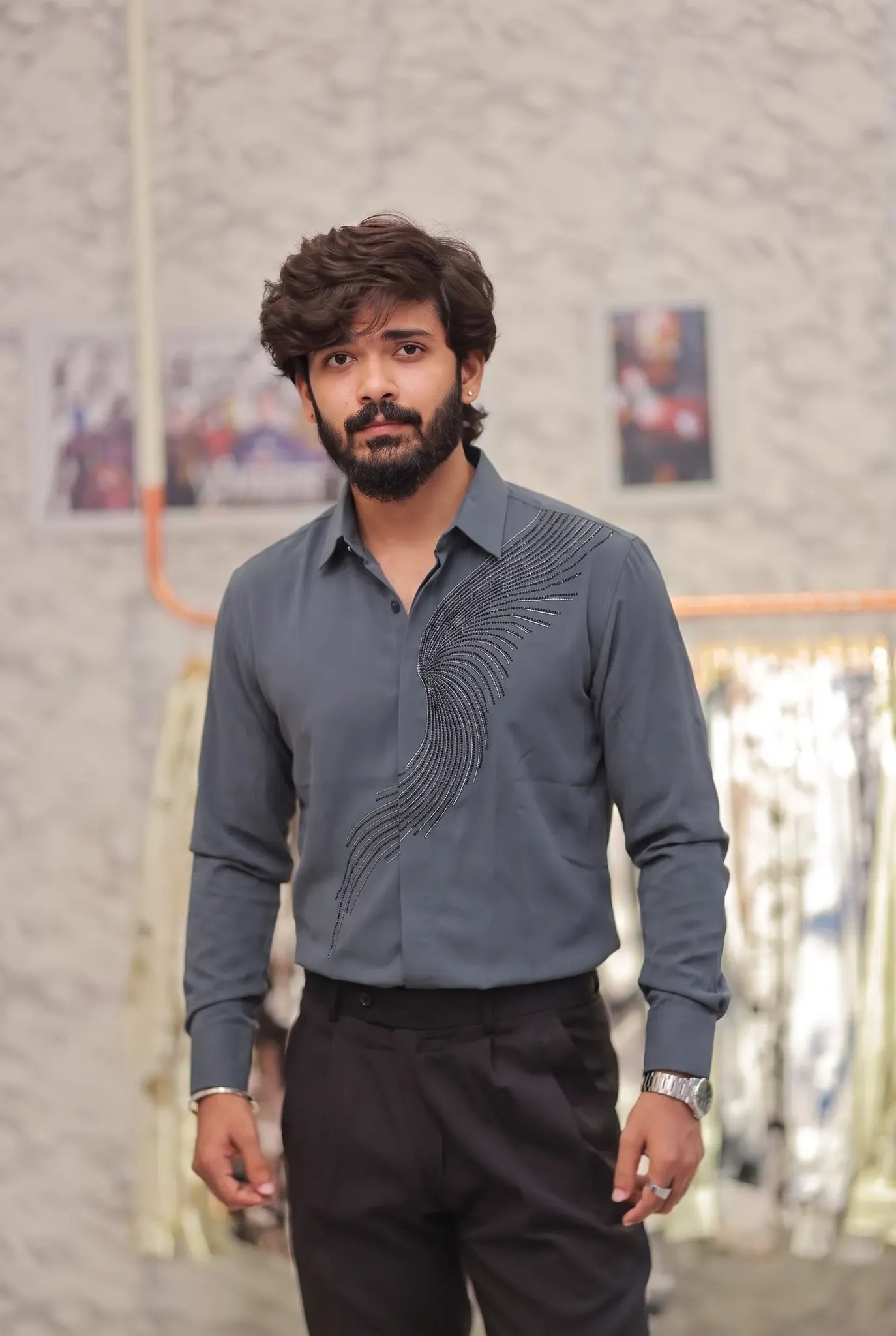 Blueish grey Stone-Work Party-Wear Shirt