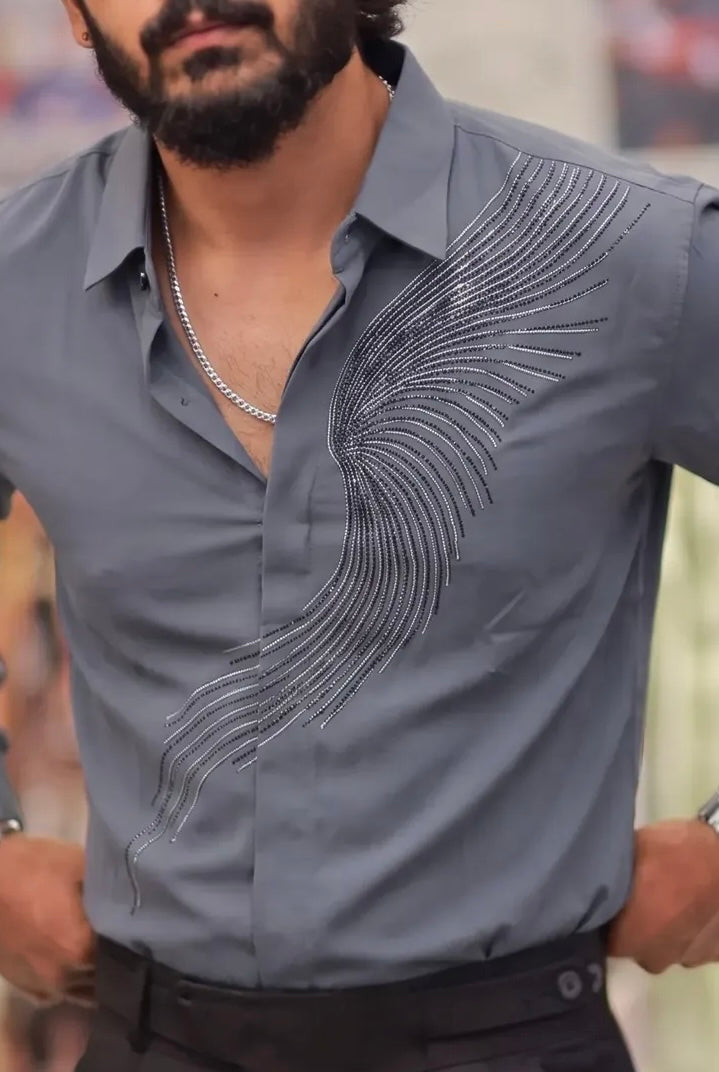 Blueish grey Stone-Work Party-Wear Shirt