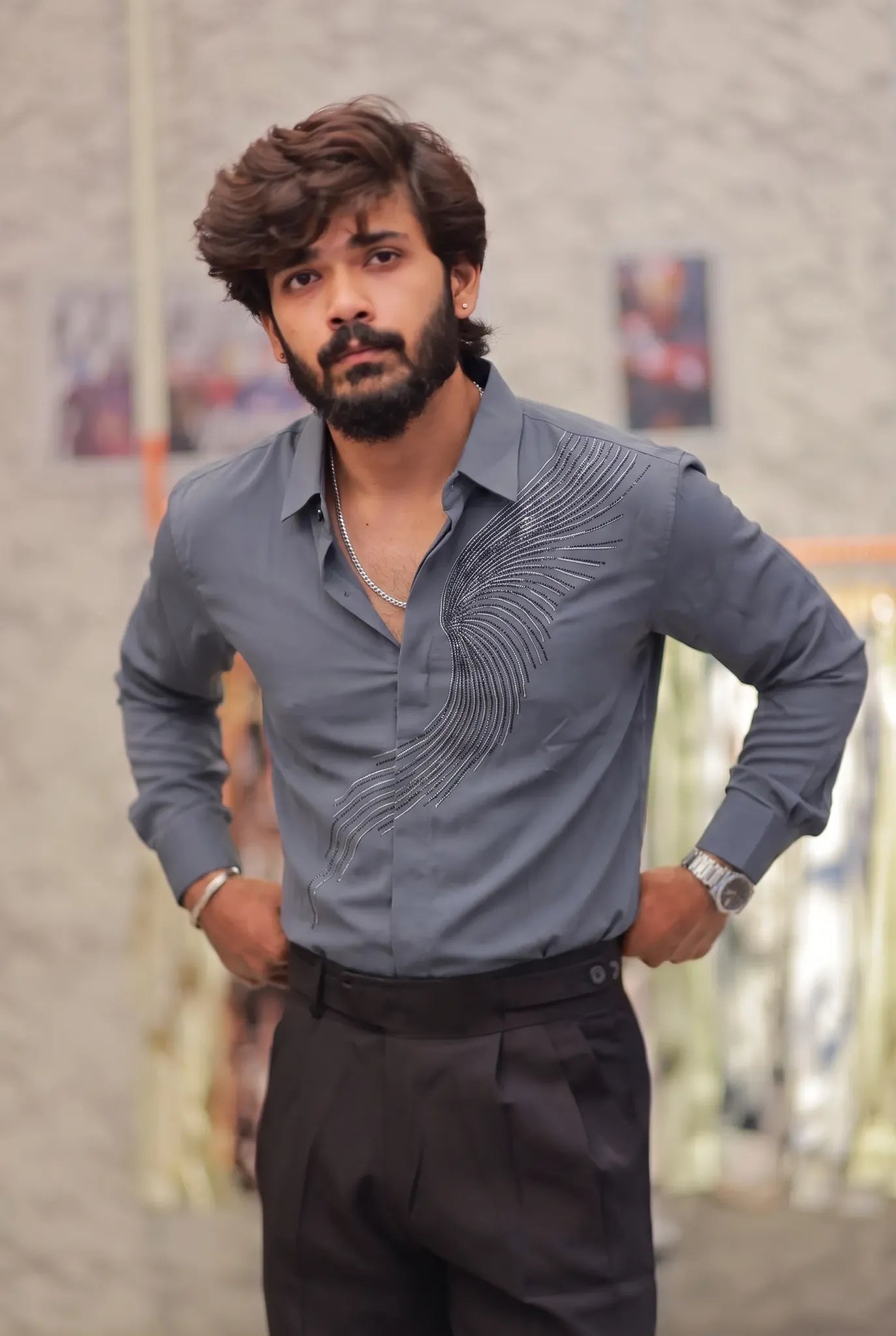 Blueish grey Stone-Work Party-Wear Shirt