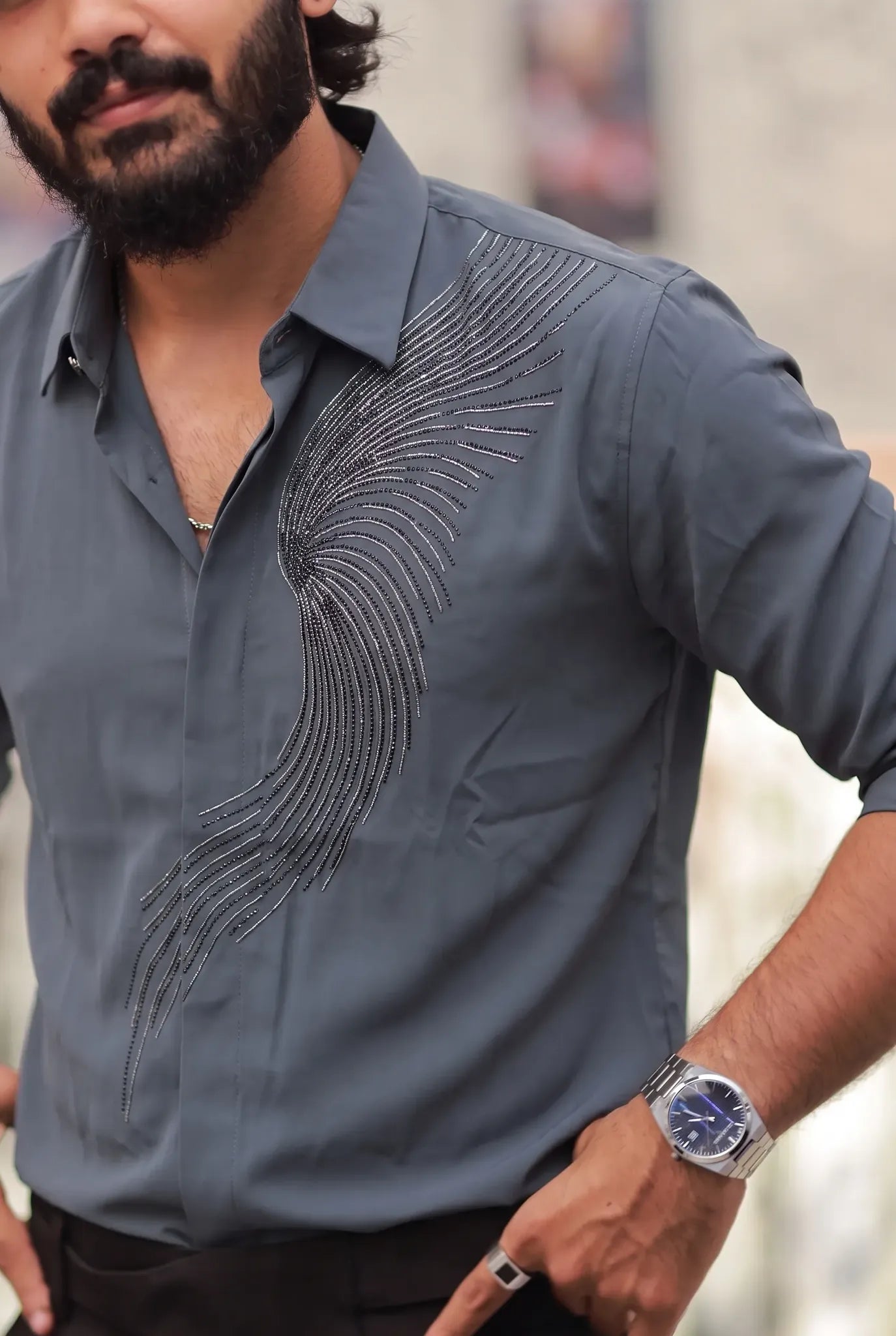 Blueish grey Stone-Work Party-Wear Shirt