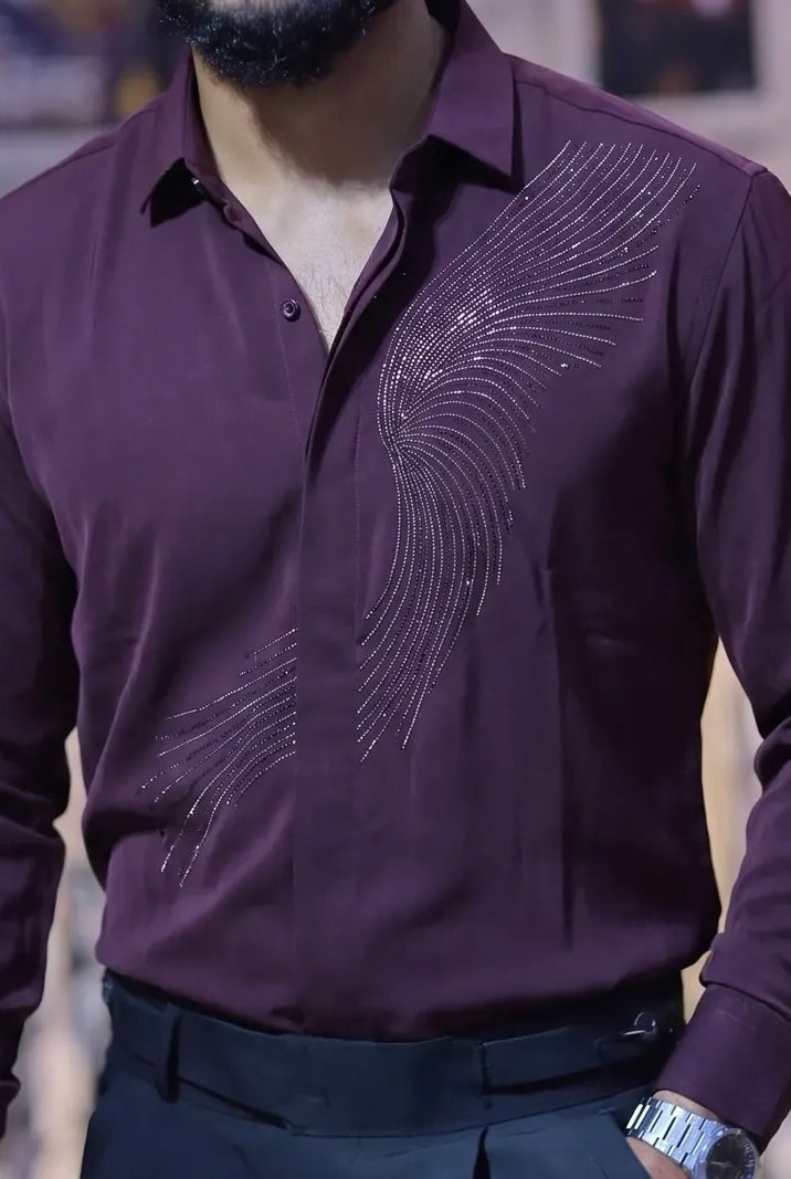 Wine Stone-Work Party-Wear Shirt