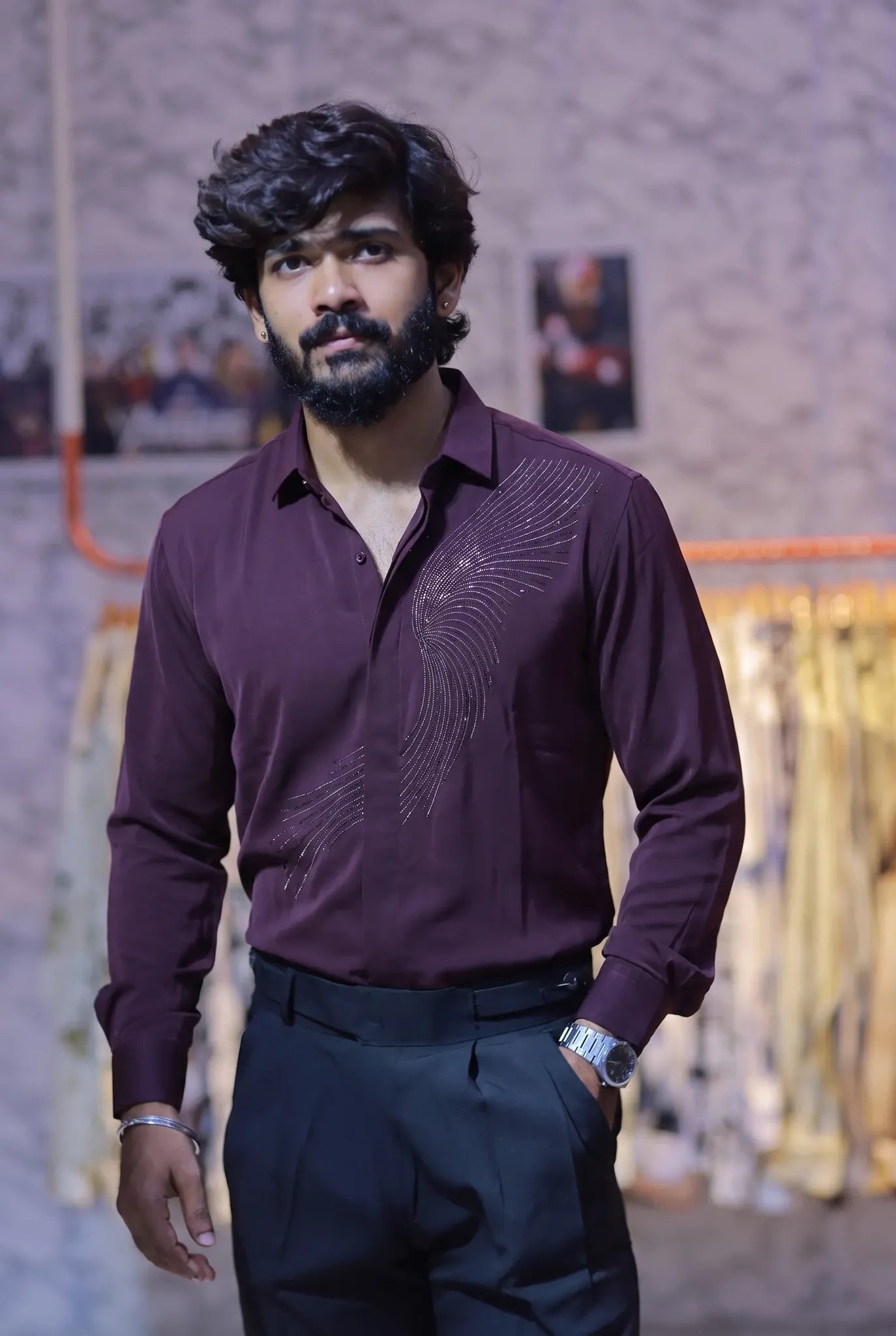 Wine Stone-Work Party-Wear Shirt