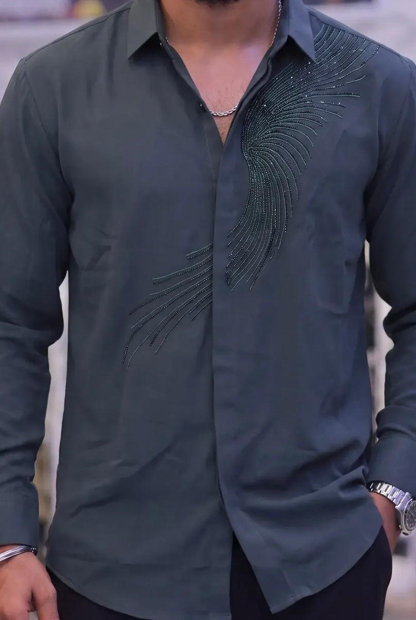 Green Stone-Work Party-Wear Shirt