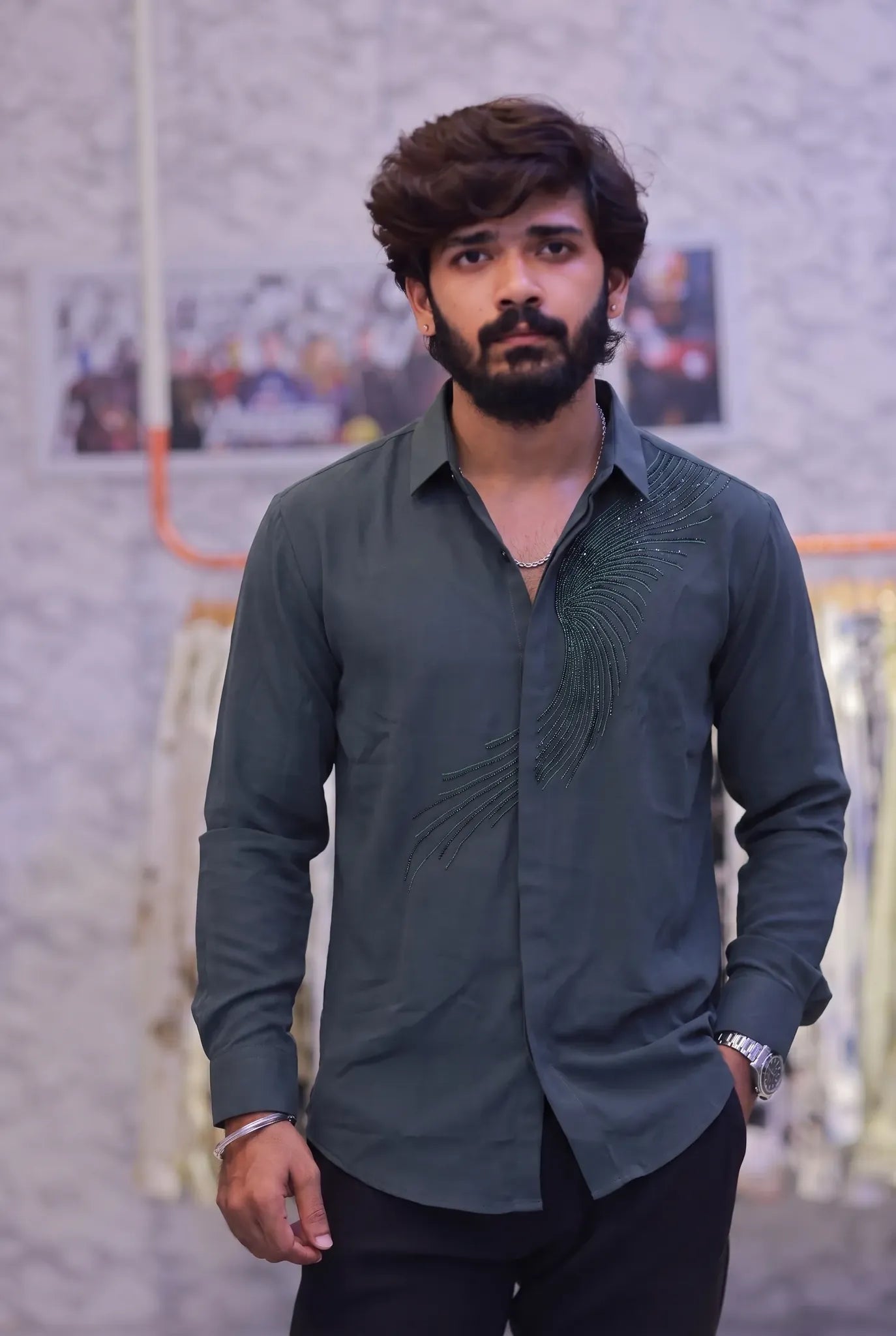 Green Stone-Work Party-Wear Shirt