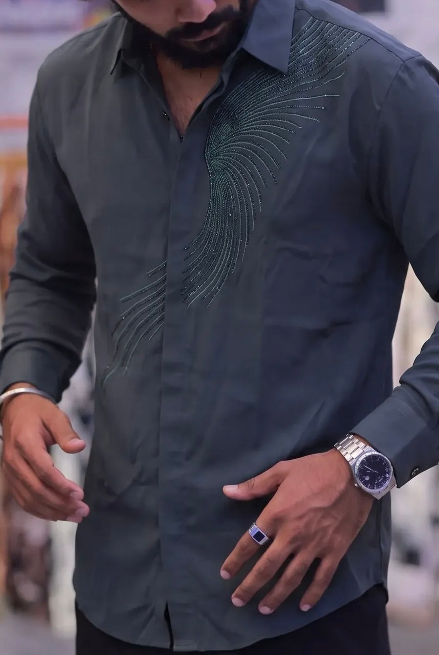 Green Stone-Work Party-Wear Shirt