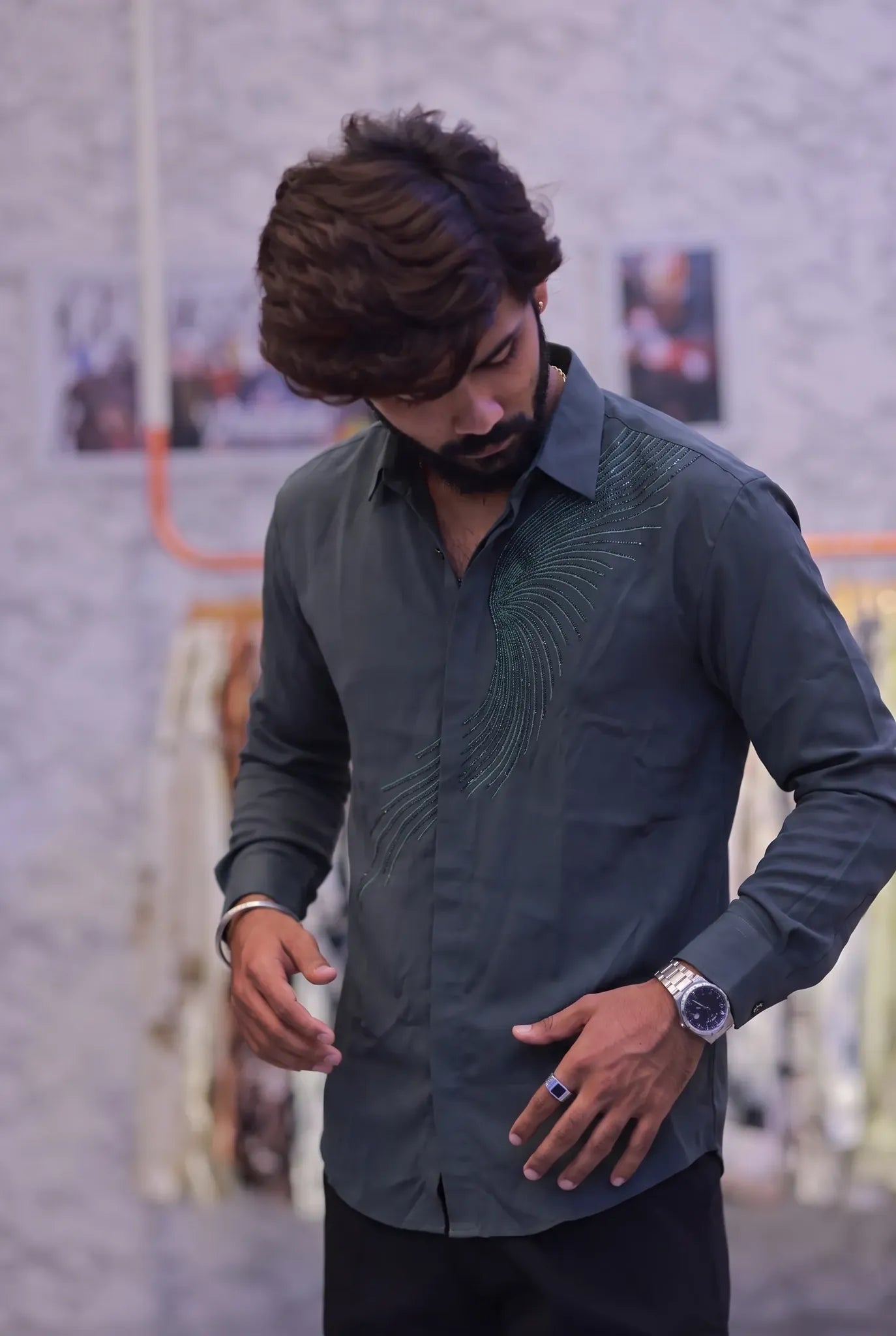 Green Stone-Work Party-Wear Shirt