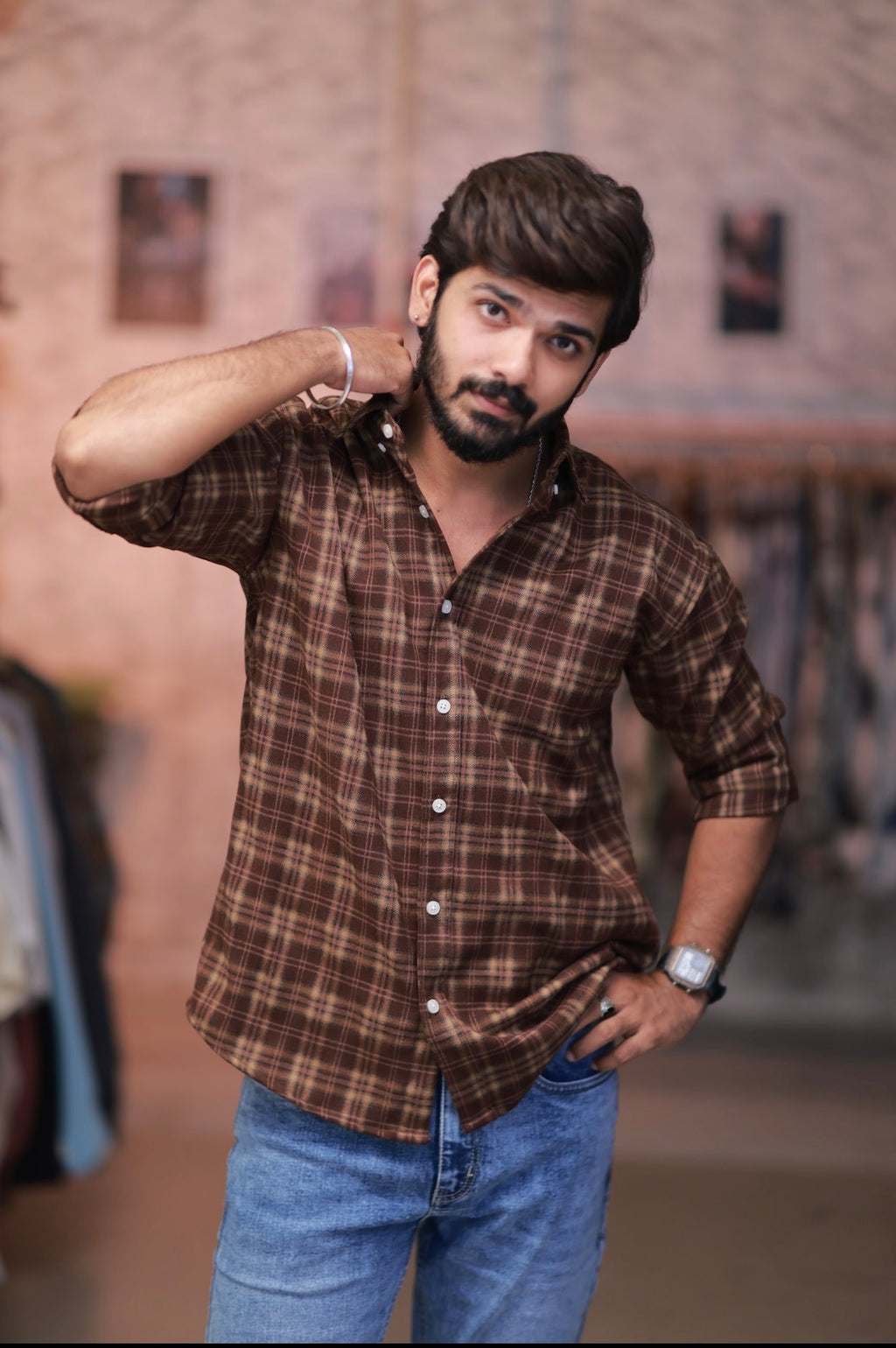 Brown Checked Full-Hand Shirt