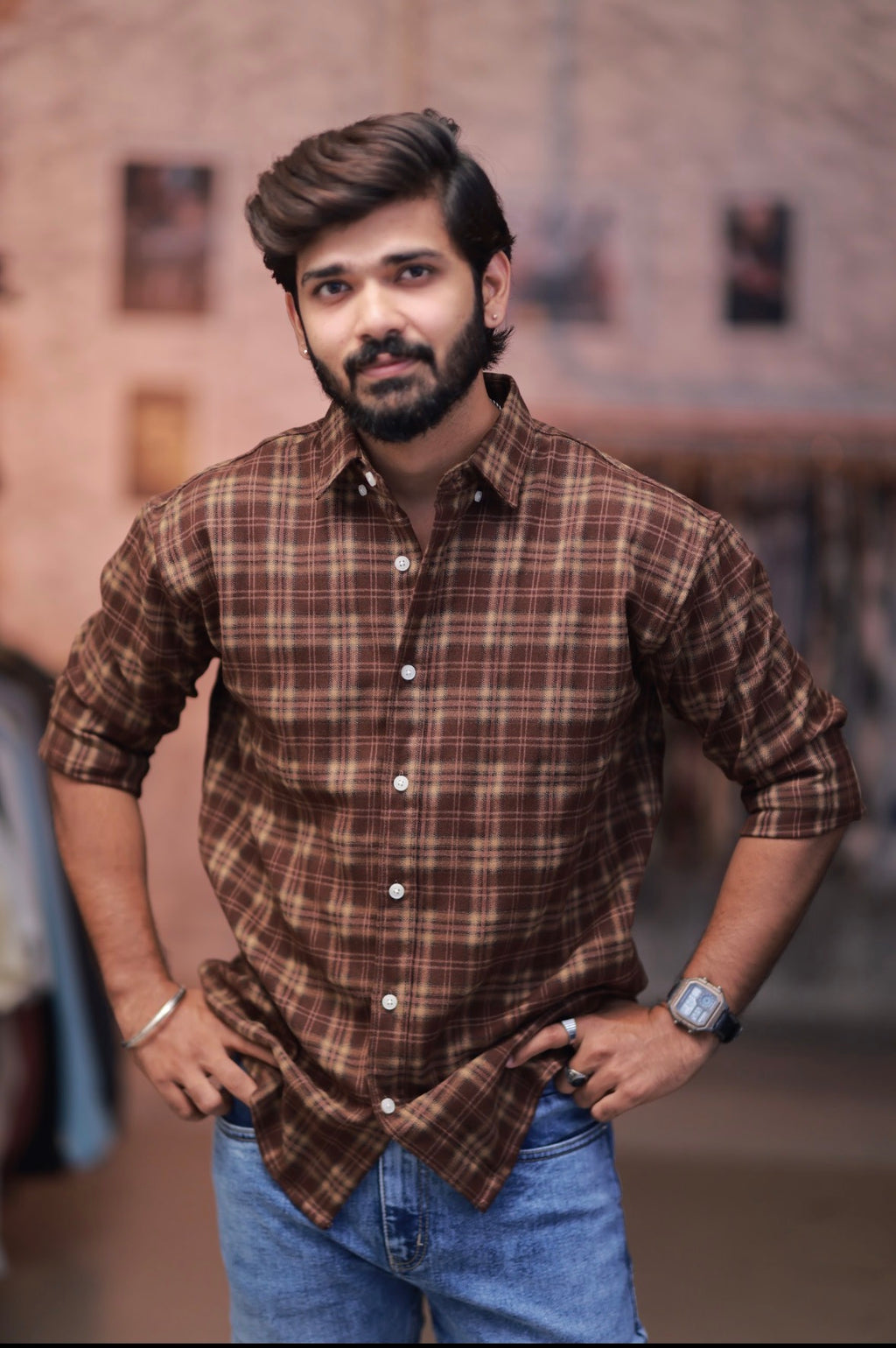 Brown Checked Full-Hand Shirt