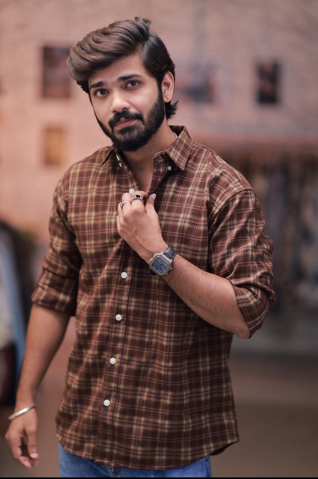 Brown Checked Full-Hand Shirt