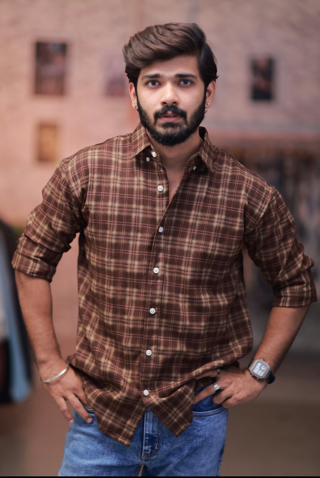 Brown Checked Full-Hand Shirt