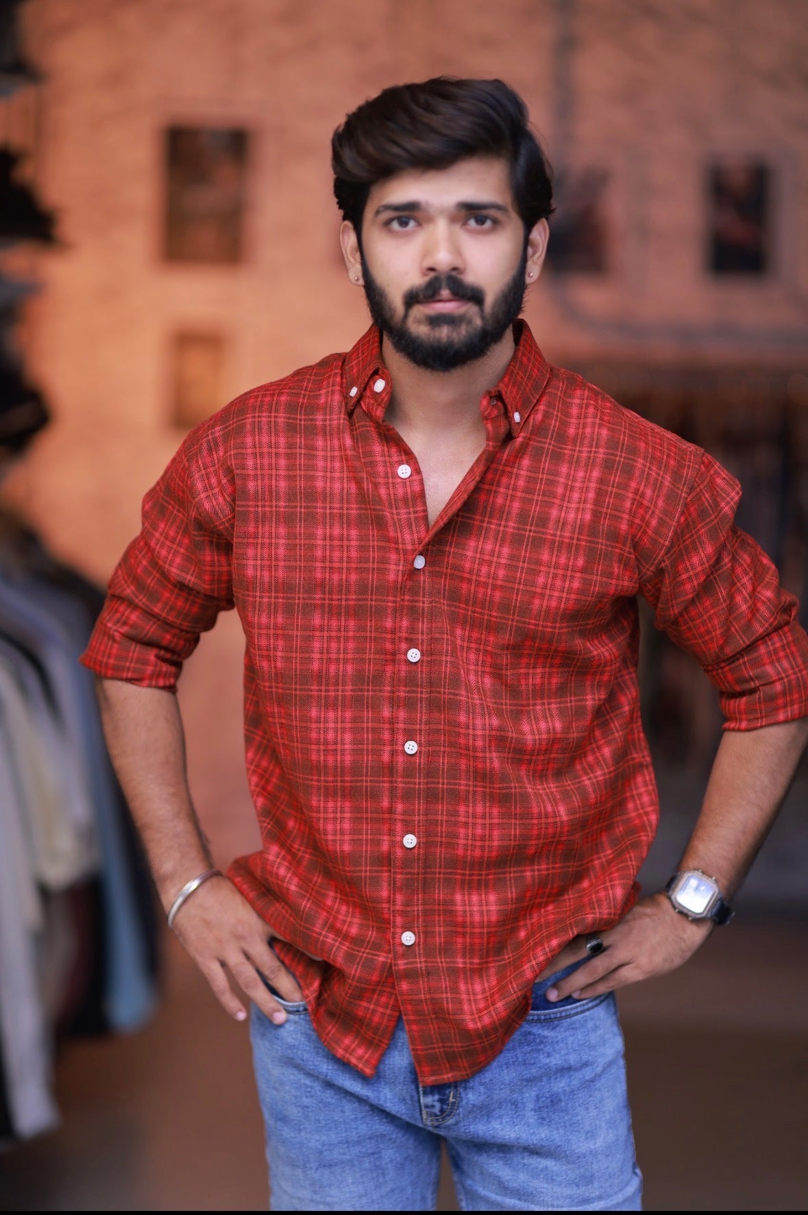 Reddish Checked Full-Hand Shirt