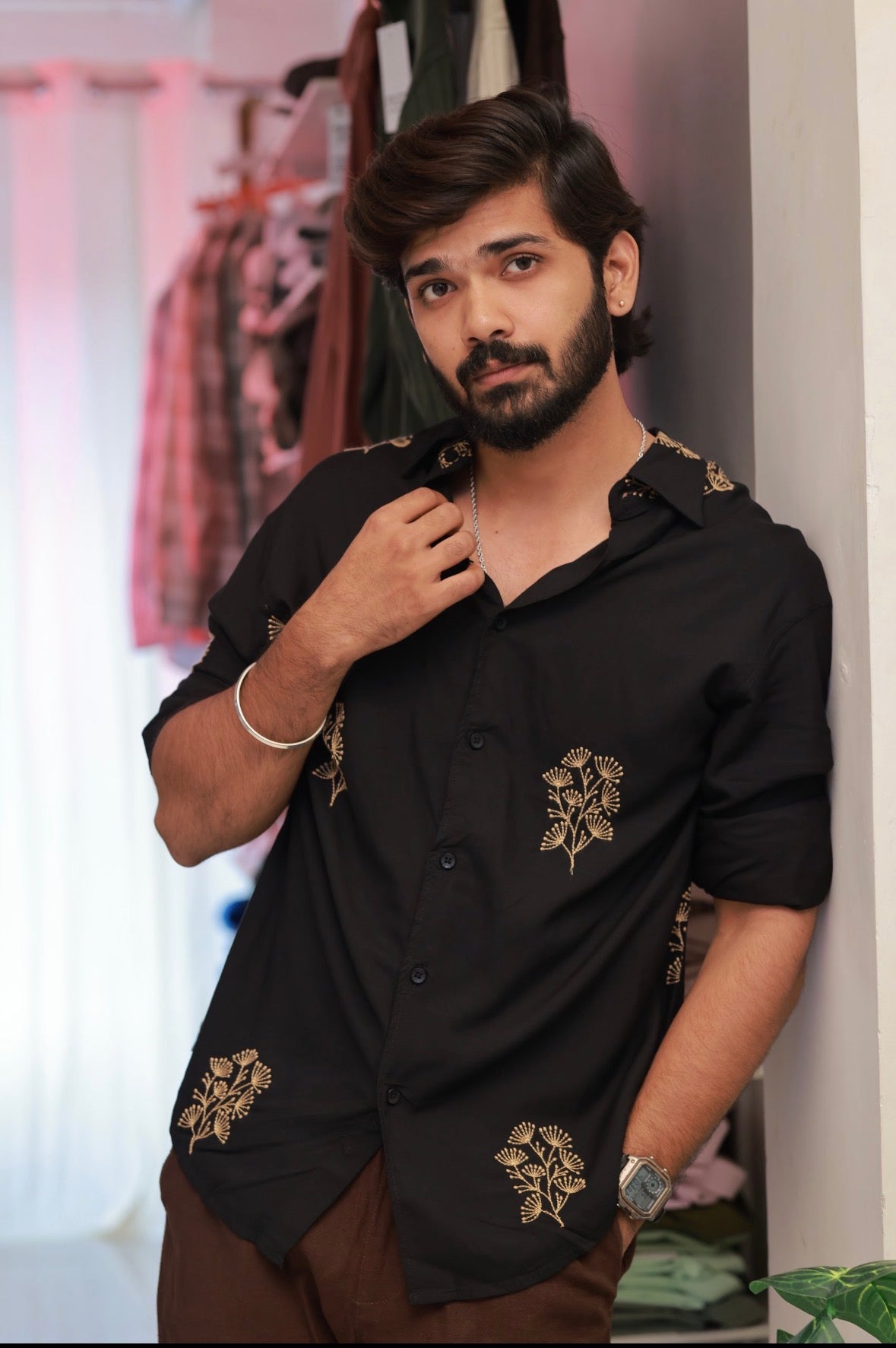 Black Embroidery Full-Hand Shirt