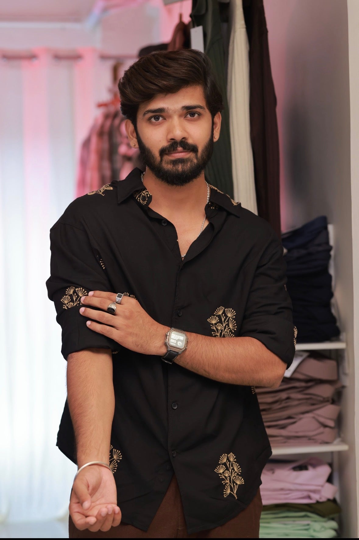 Black Embroidery Full-Hand Shirt