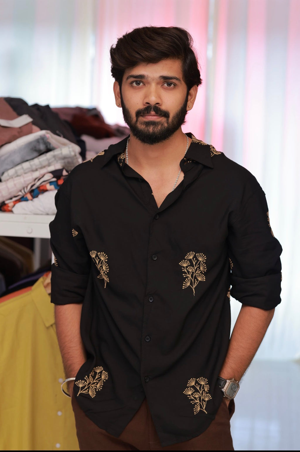 Black Embroidery Full-Hand Shirt