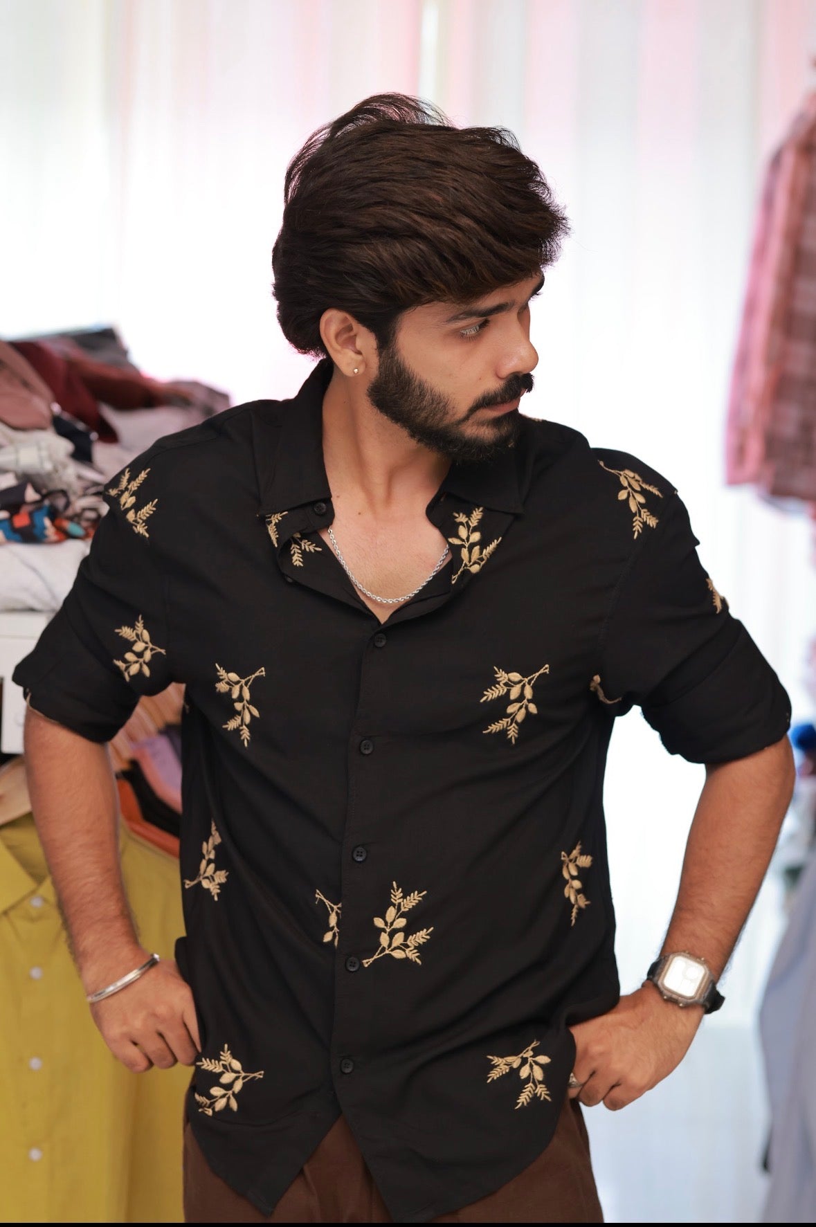 Black Embroidery Full-Hand Shirt