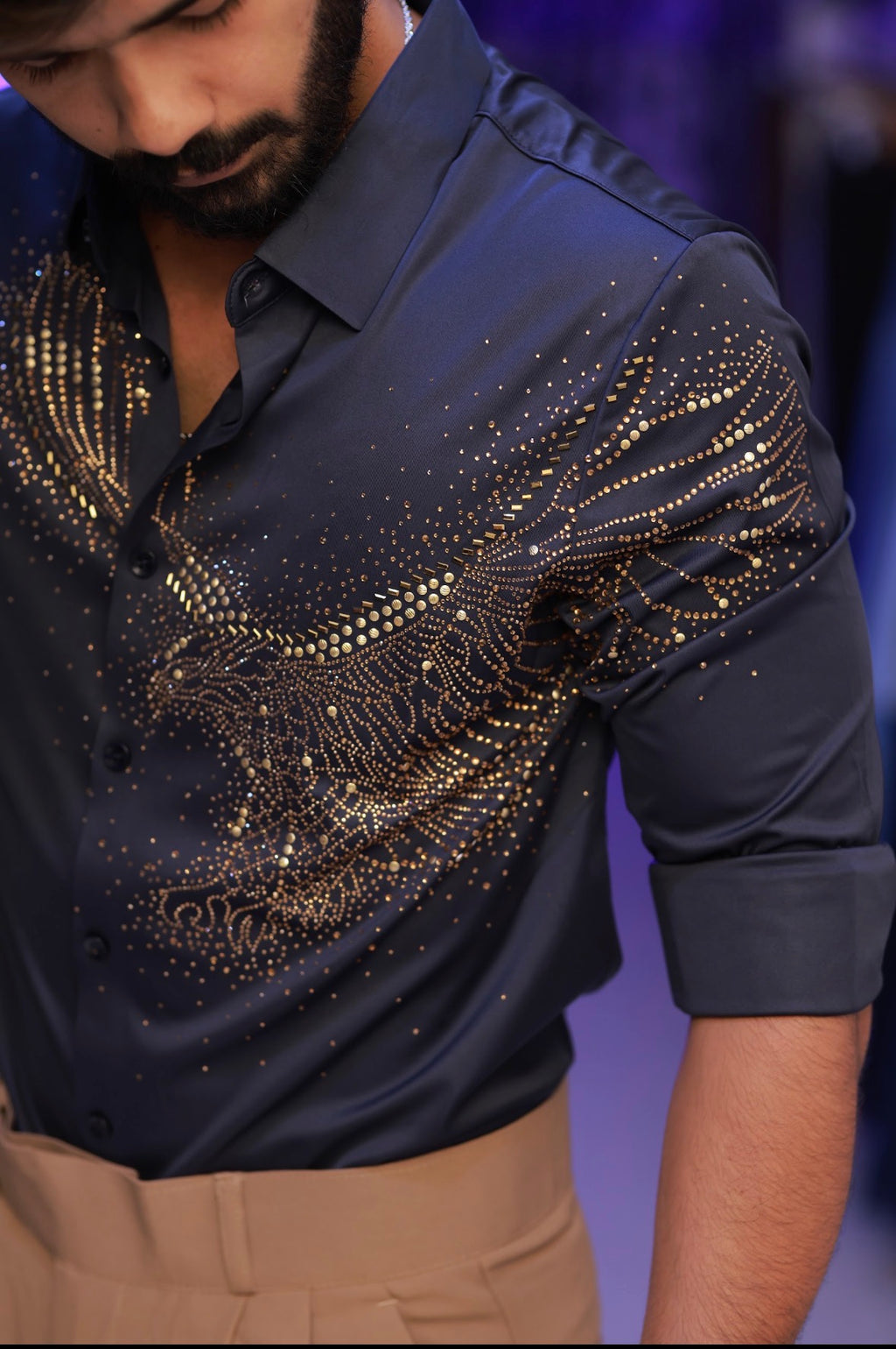 Navy-Blue Eagle Stone-Work Shirt