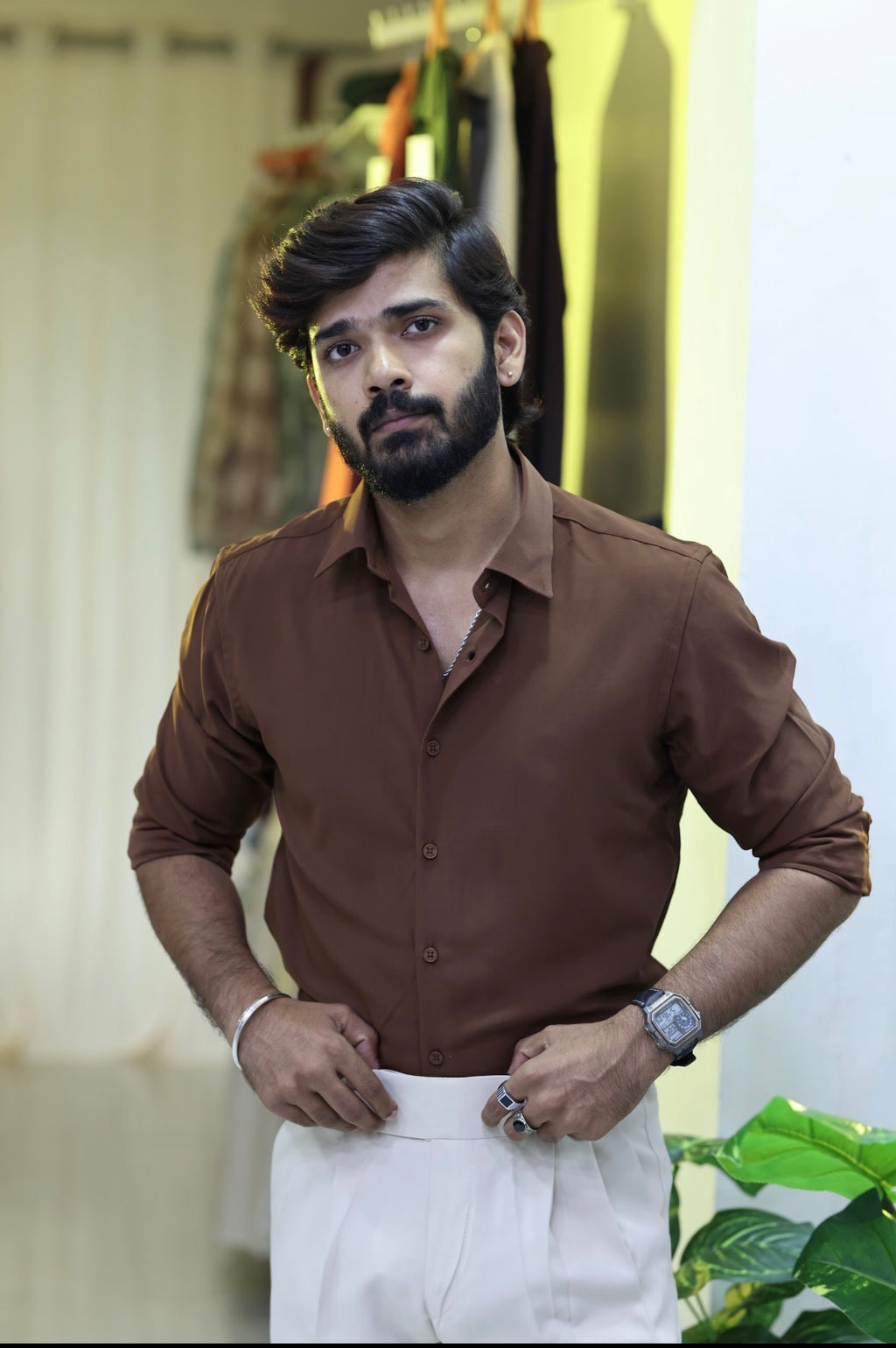 Brown Formal Plain Full-Hand Shirt